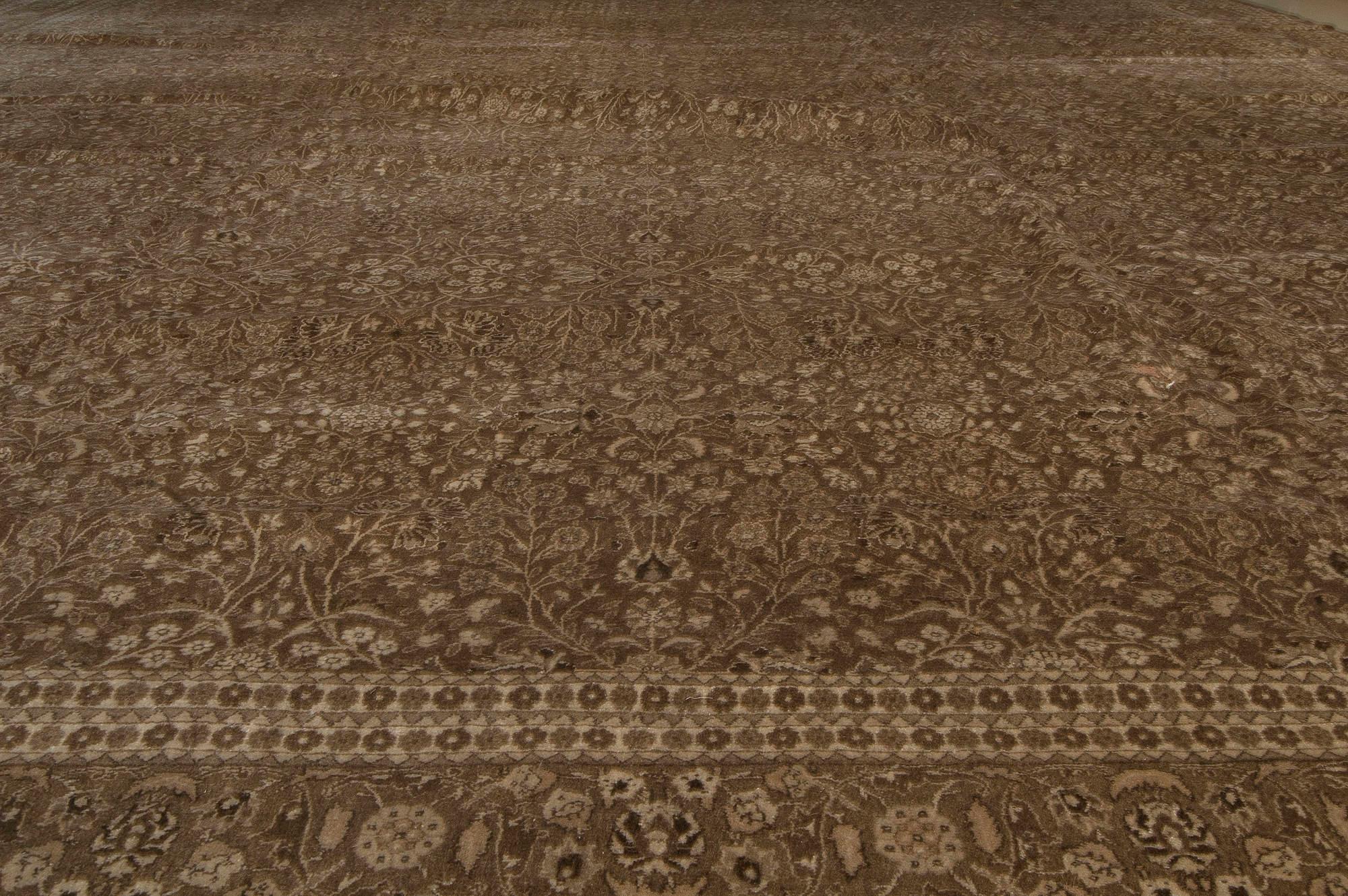 20th Century Antique Persian Tabriz Botanic Deep Brown Carpet For Sale