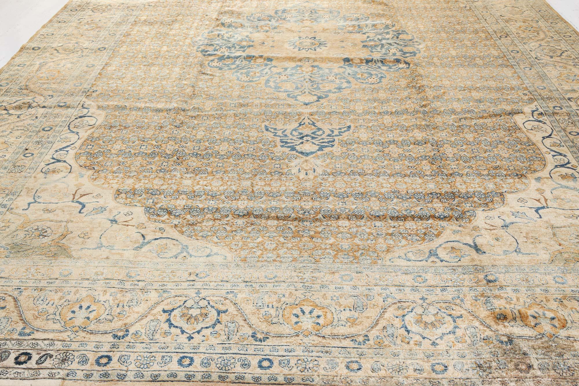 Early 20th Century Persian Tabriz Brown Blue Hand Knotted Wool Rug For Sale 2