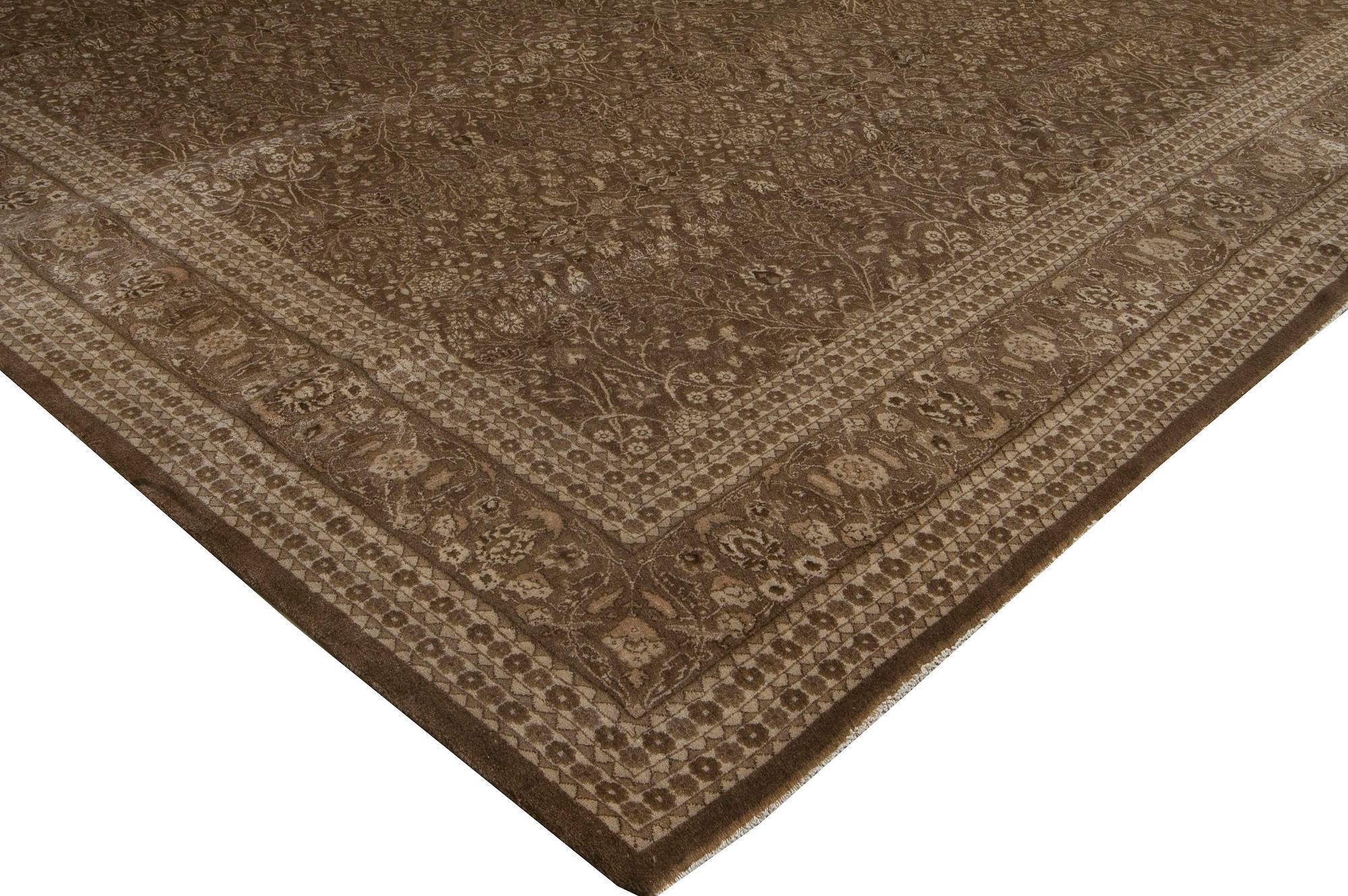 Wool Antique Persian Tabriz Botanic Deep Brown Carpet For Sale