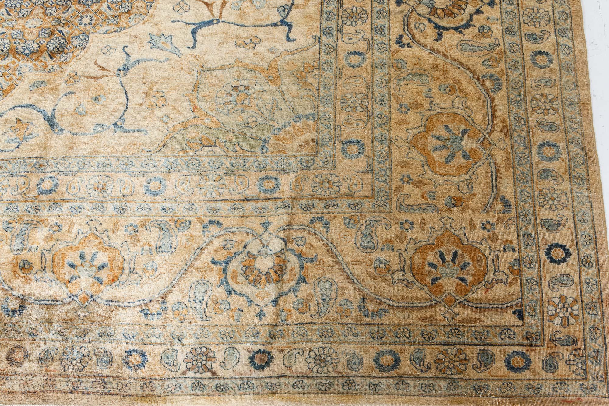Early 20th Century Persian Tabriz Brown Blue Hand Knotted Wool Rug For Sale 3