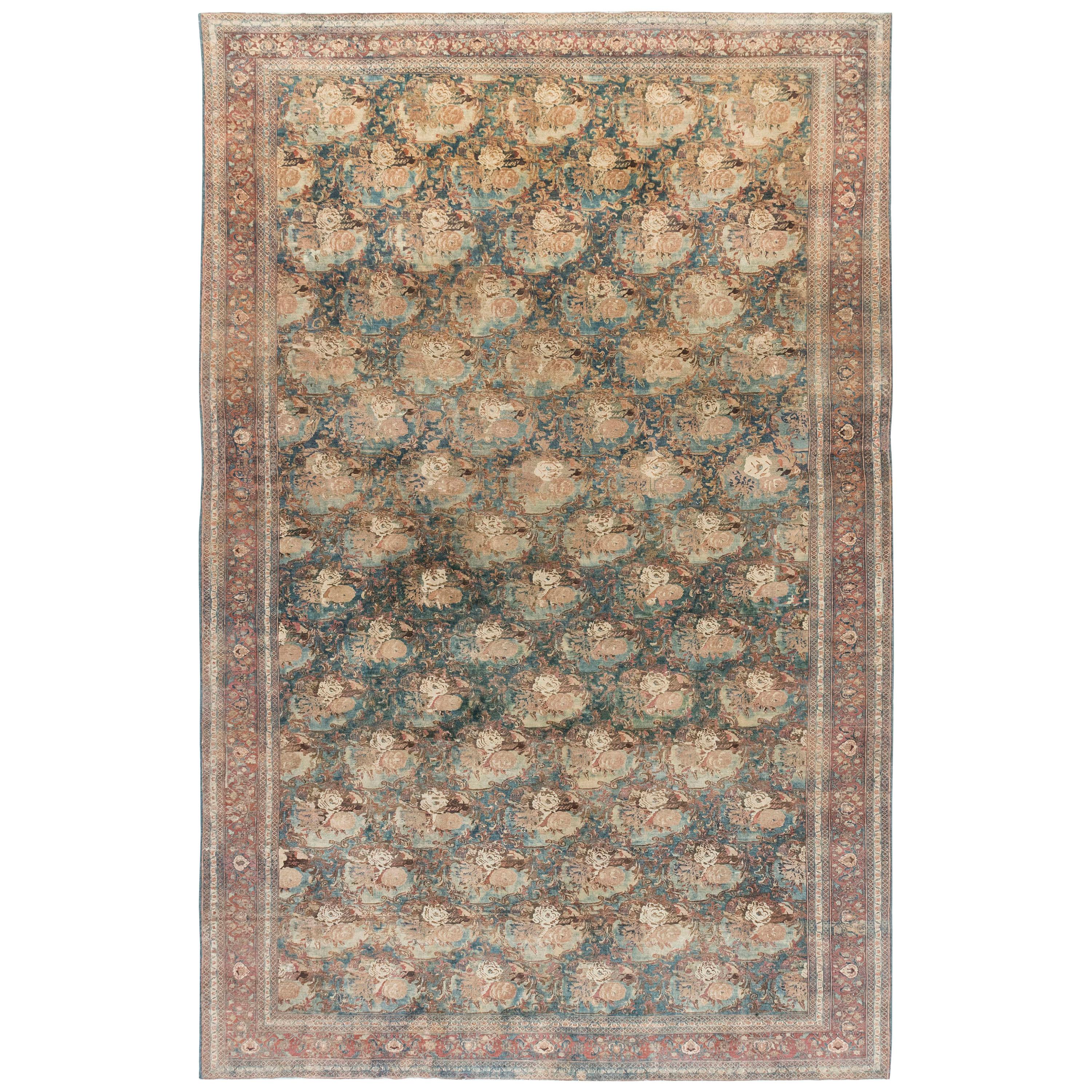 Antique Persian Tabriz Botanic Handmade Wool Rug For Sale