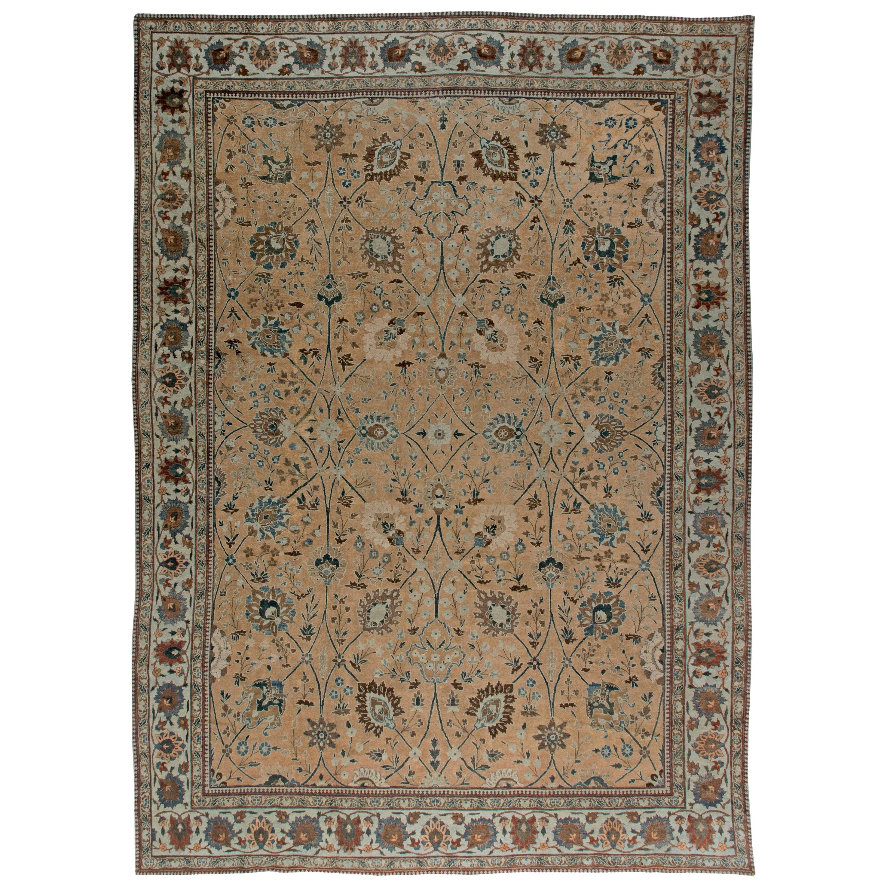 Antique Persian Tabriz Camel, Brown, Brick Red & Indigo Handwoven Wool Rug