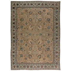 Antique Persian Tabriz Camel, Brown, Brick Red 
Indigo Handwoven Wool Rug