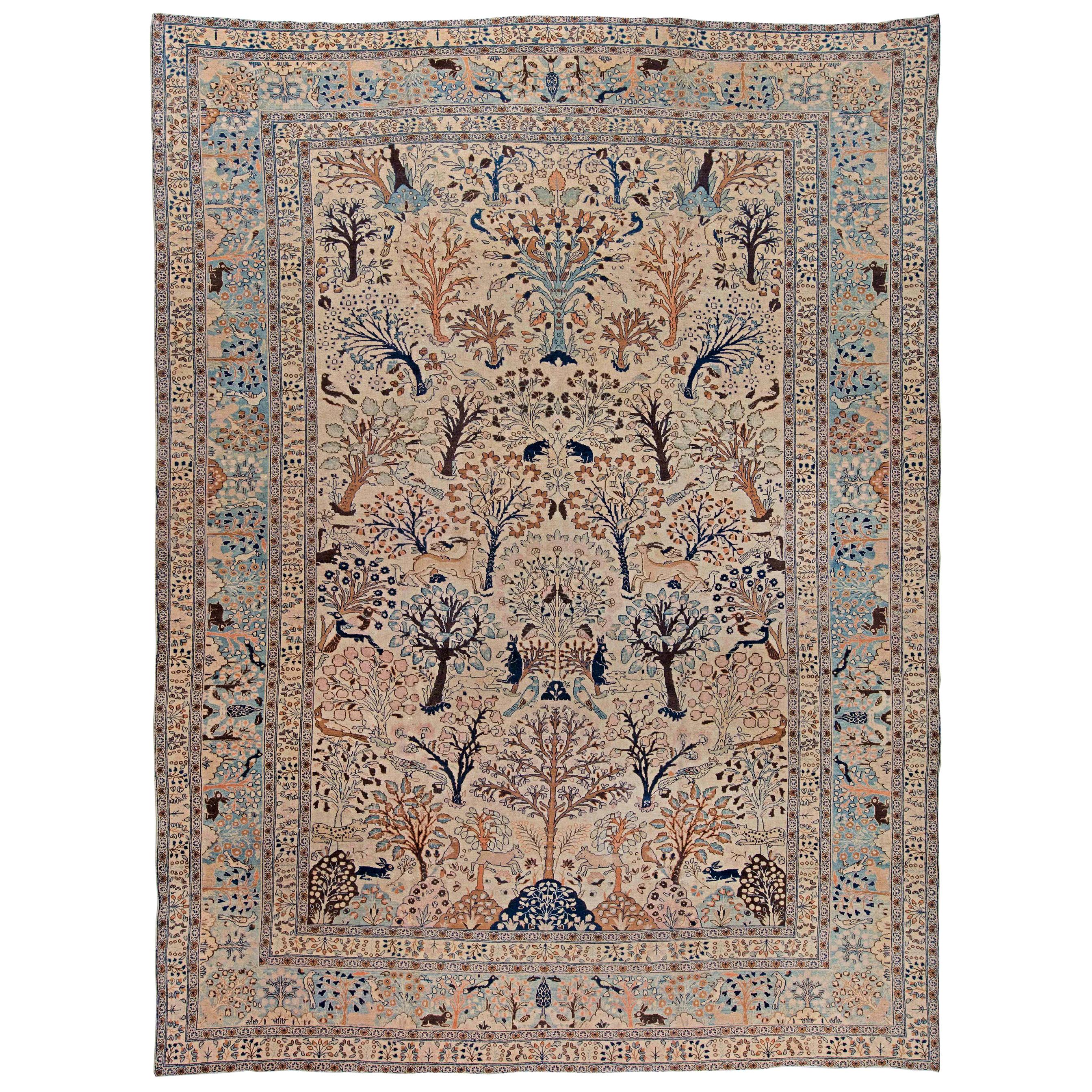Antique Persian Tabriz Animal Design Carpet For Sale