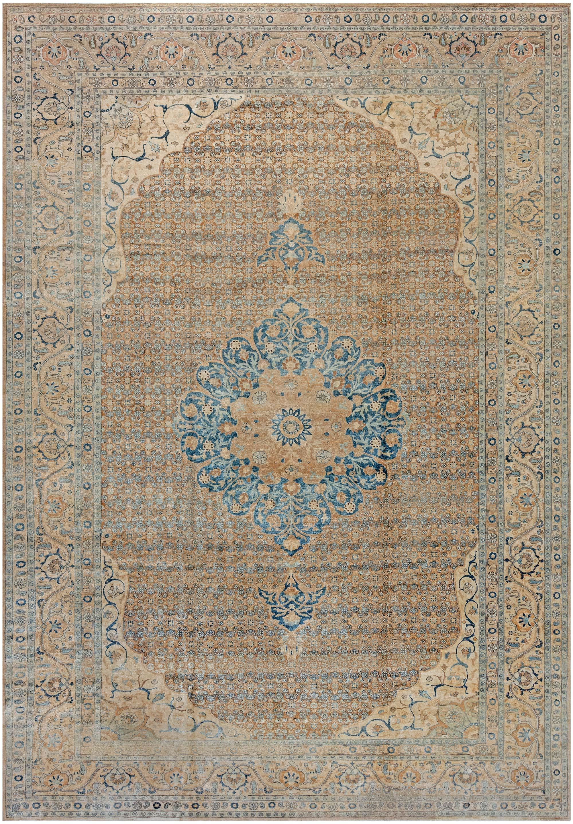 Early 20th Century Persian Tabriz Brown Blue Hand Knotted Wool Rug