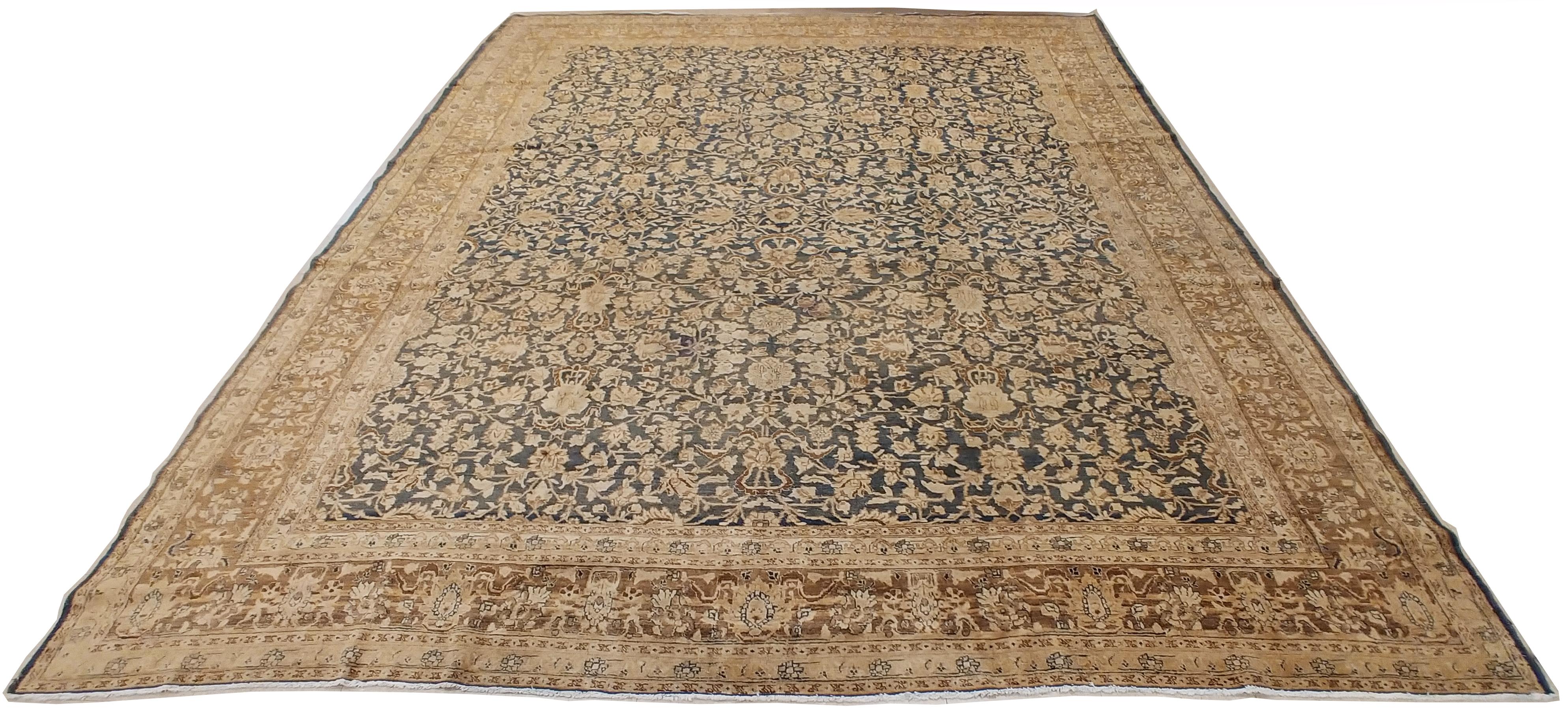 Hand-Knotted Antique Persian Tabriz Carpet, Handmade Oriental Rug, Beige, Gray/Blue, Taupe