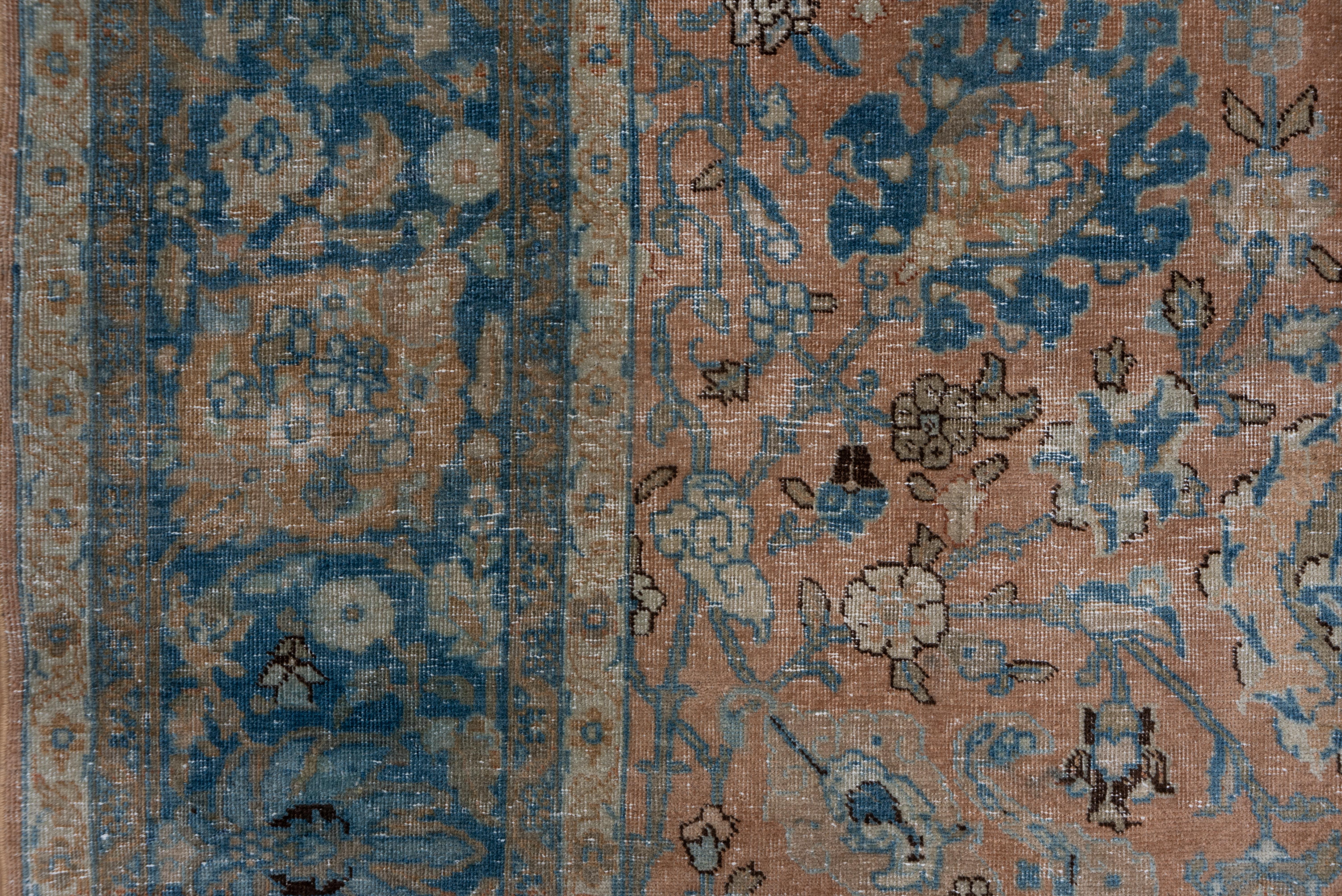 Hand-Knotted Antique Persian Tabriz Carpet, Peach Field & Blue Borders