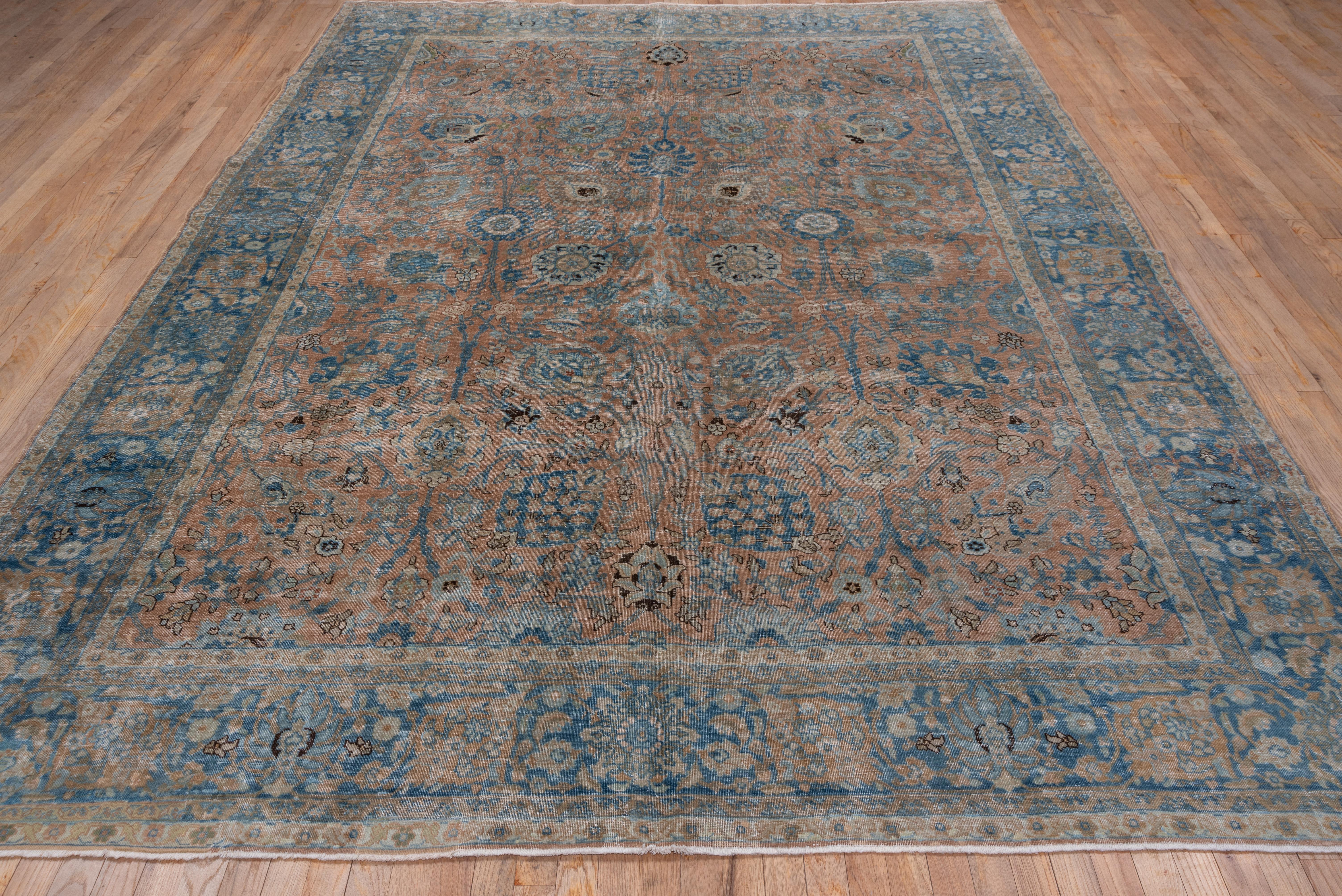 Antique Persian Tabriz Carpet, Peach Field & Blue Borders 1