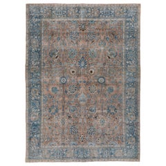 Antique Persian Tabriz Carpet, Peach Field & Blue Borders