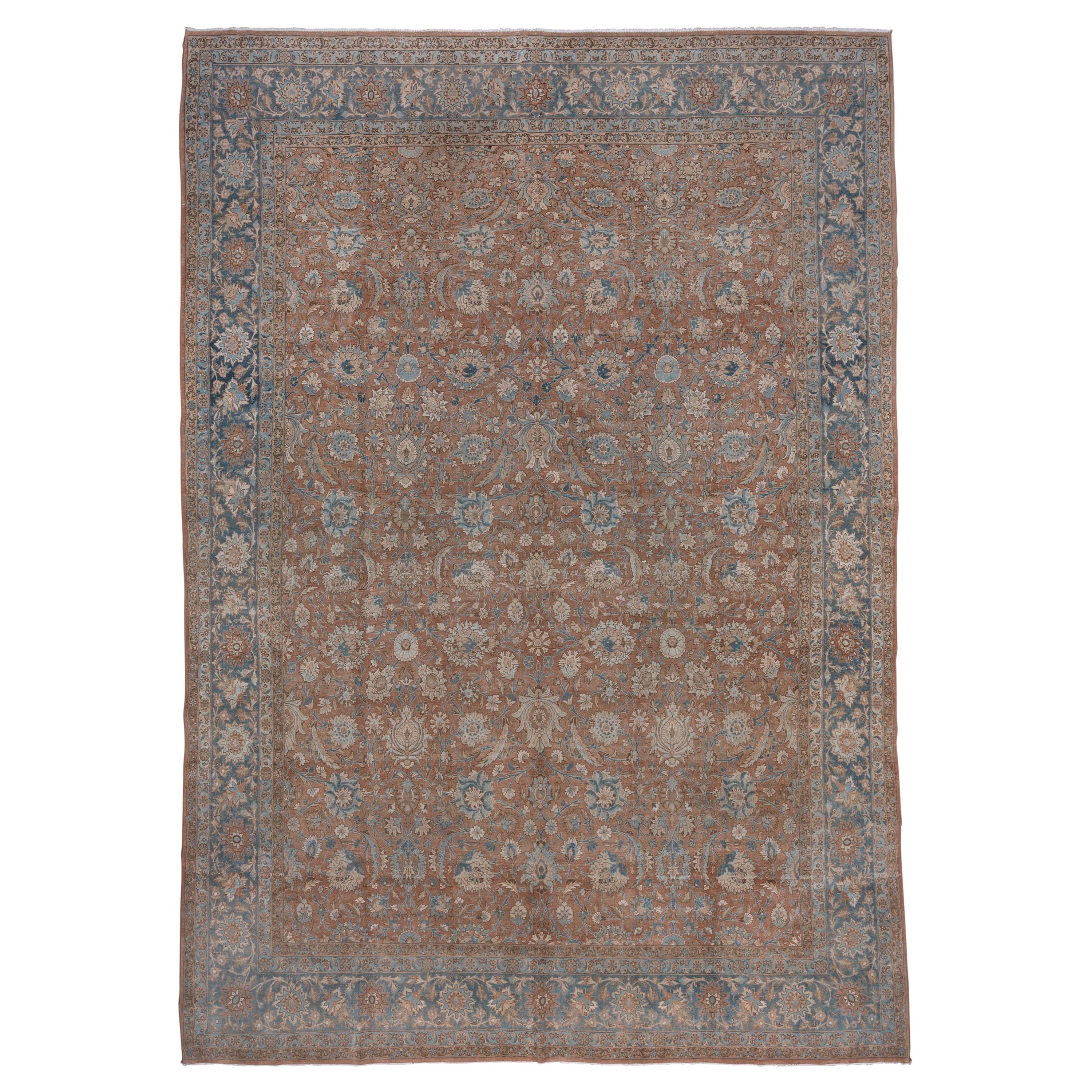 Antique Persian Tabriz Carpet, Rust Field, All-Over Field, Blue Border For Sale