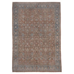 Antique Persian Tabriz Carpet, Rust Field, All-Over Field, Blue Border