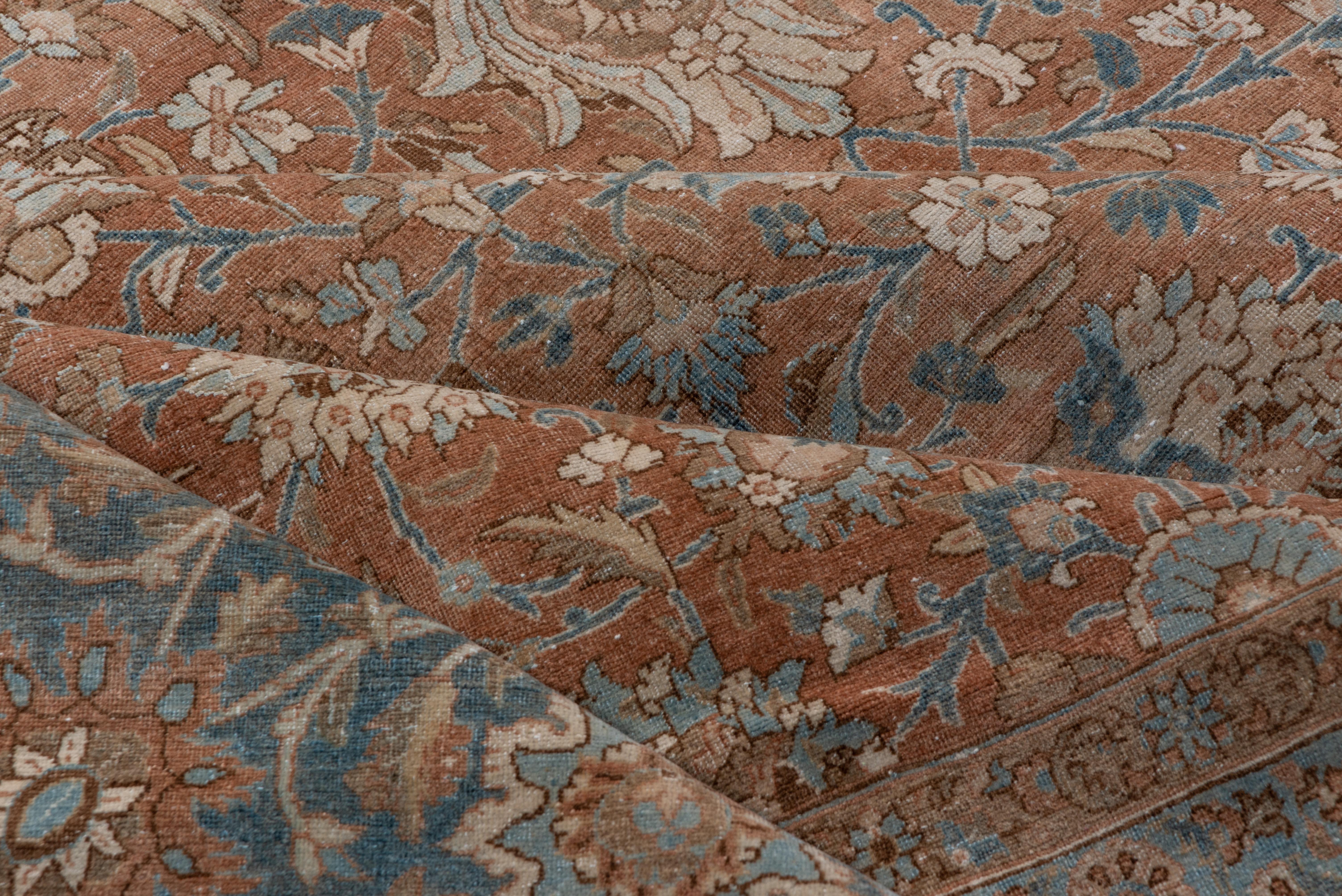 Antique Persian Tabriz Carpet, Rust Field, All-Over Field, Blue Border For Sale 4