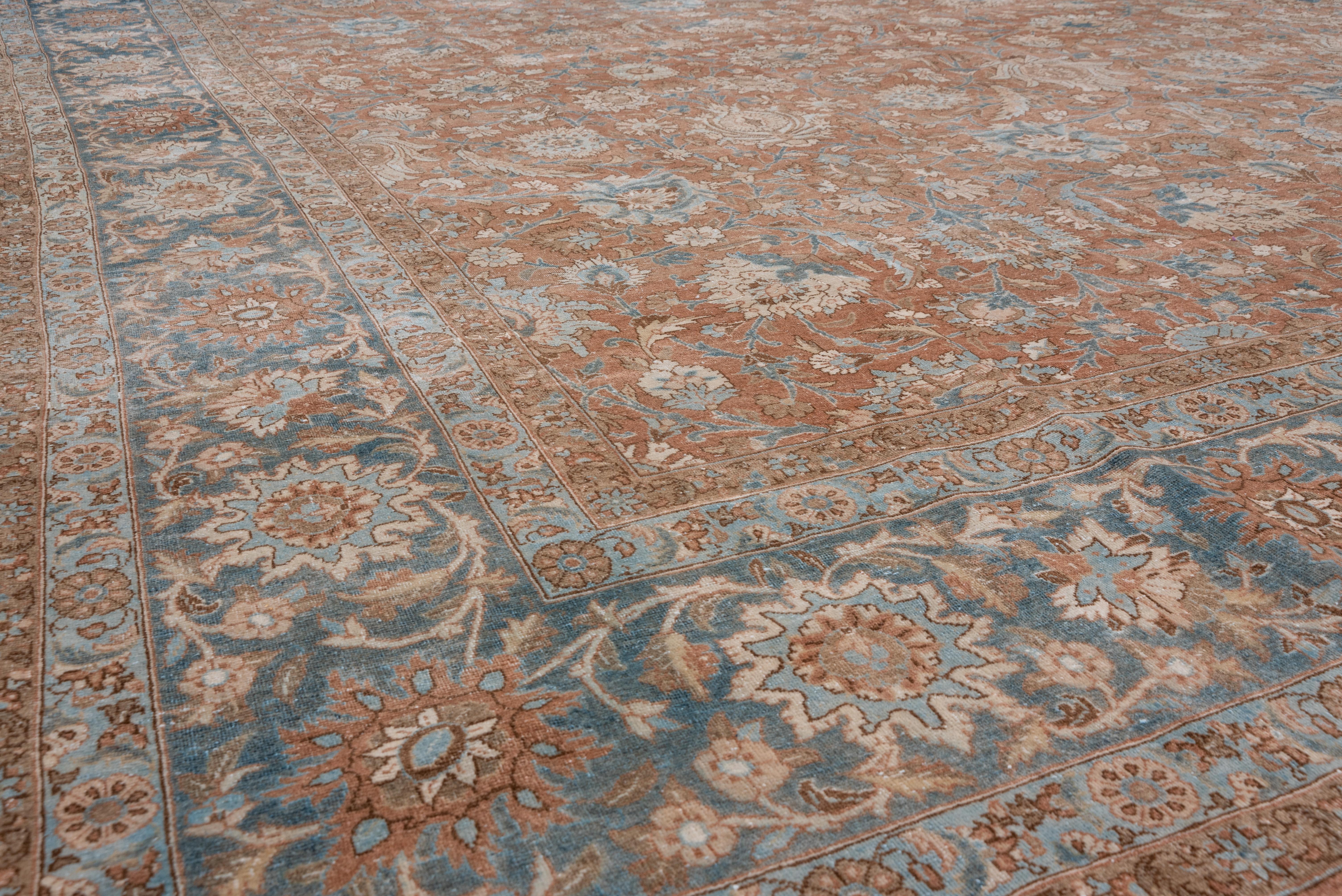 Antique Persian Tabriz Carpet, Rust Field, All-Over Field, Blue Border For Sale 5