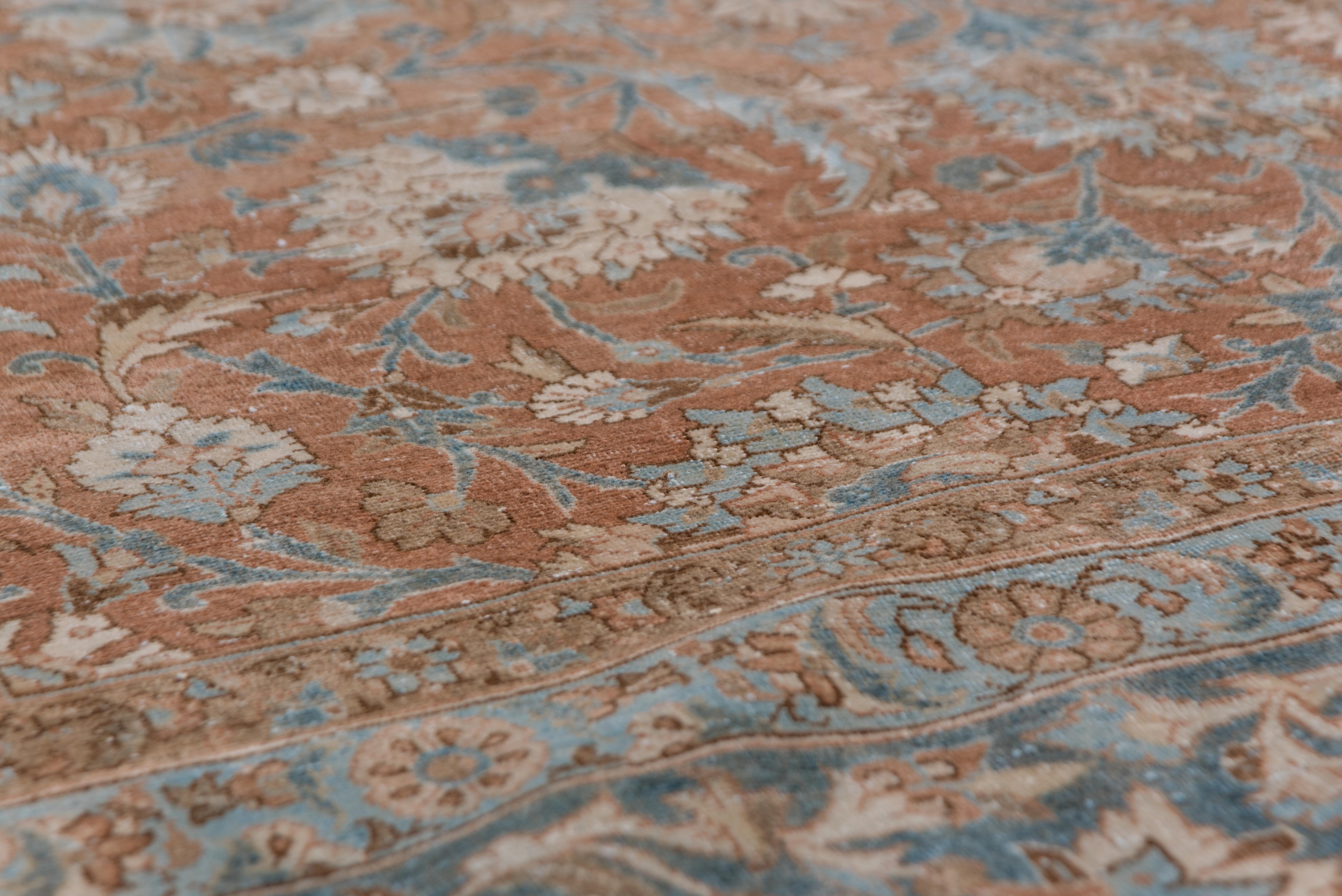 Hand-Woven Antique Persian Tabriz Carpet, Rust Field, All-Over Field, Blue Border For Sale