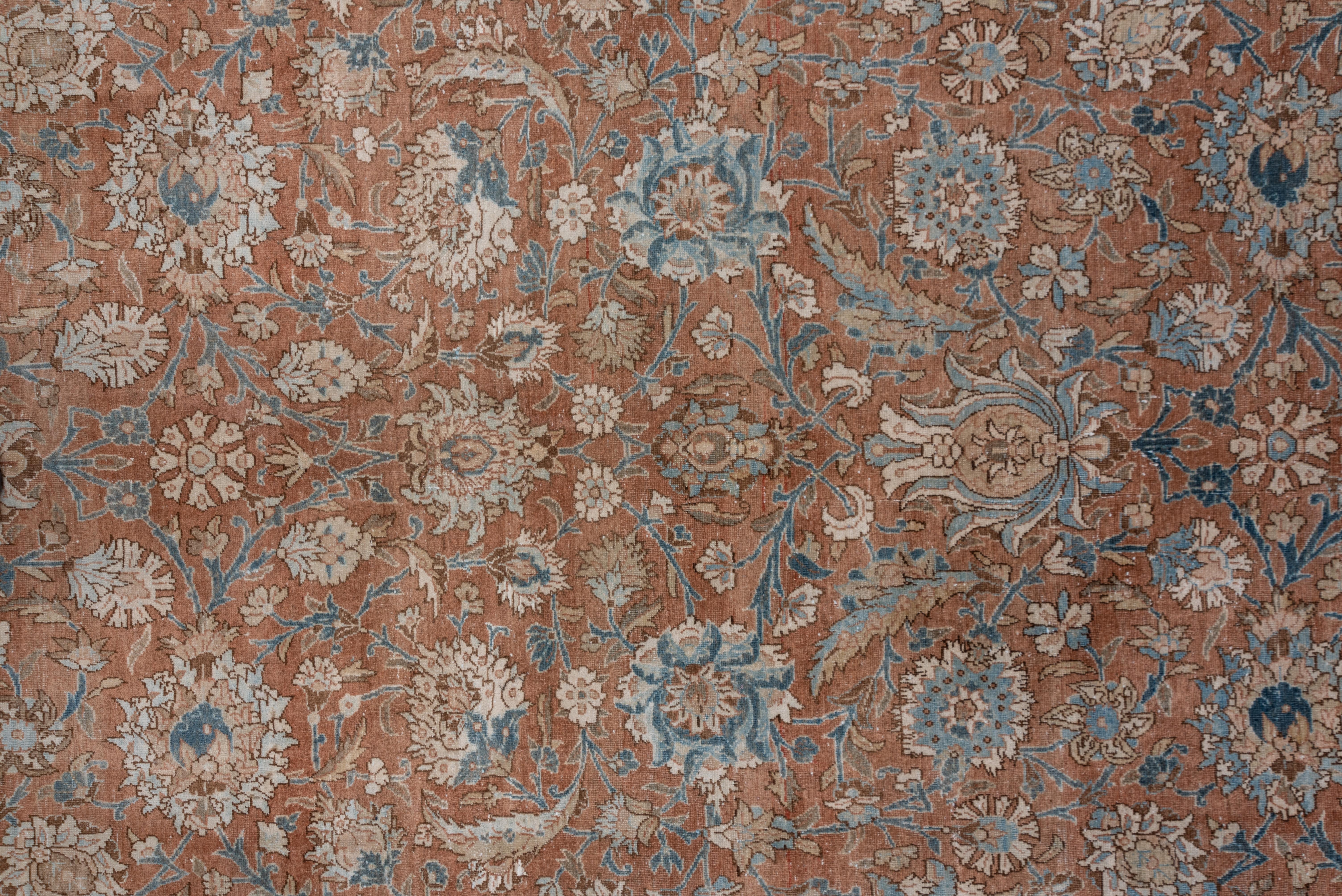 Wool Antique Persian Tabriz Carpet, Rust Field, All-Over Field, Blue Border For Sale