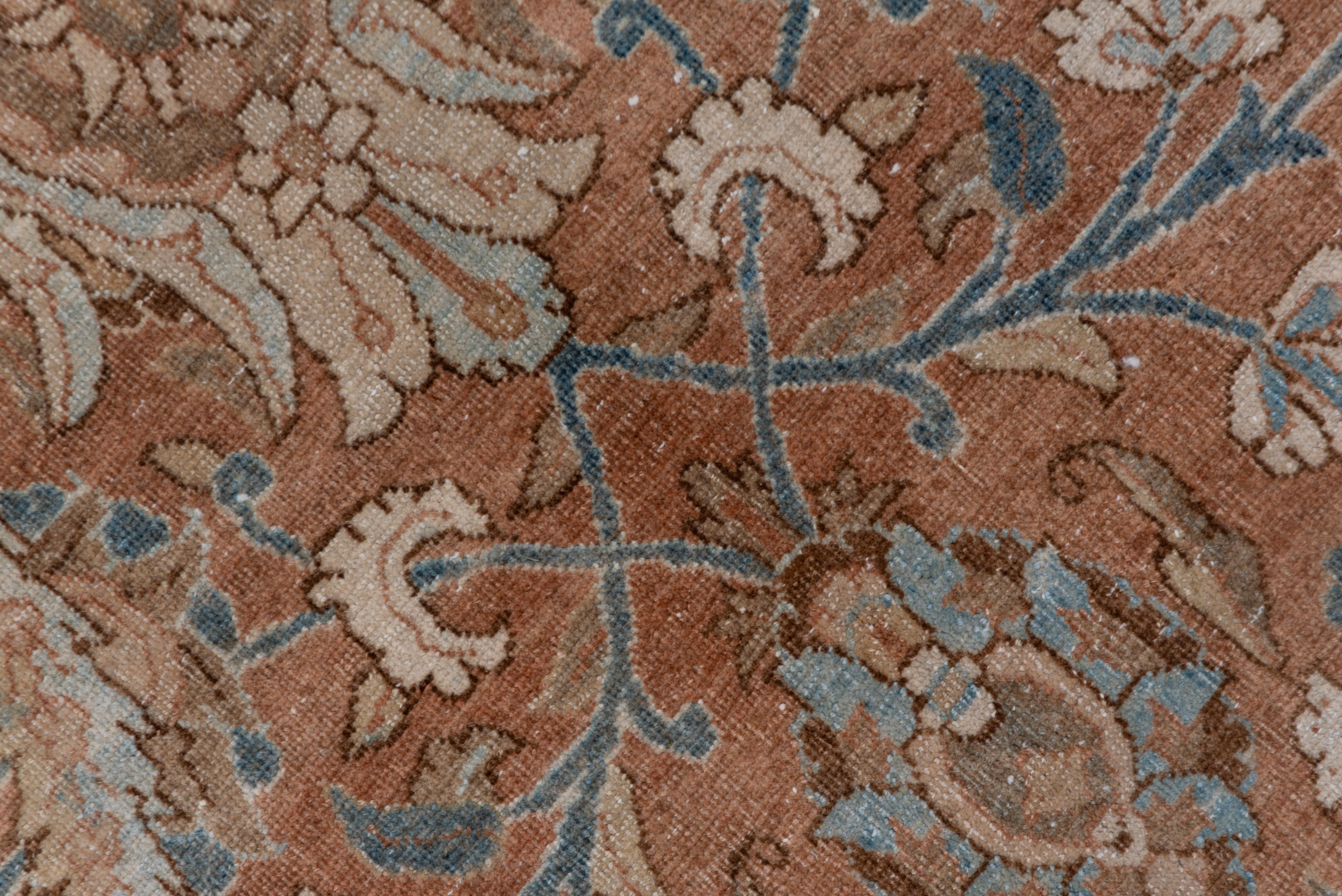 Antique Persian Tabriz Carpet, Rust Field, All-Over Field, Blue Border 1
