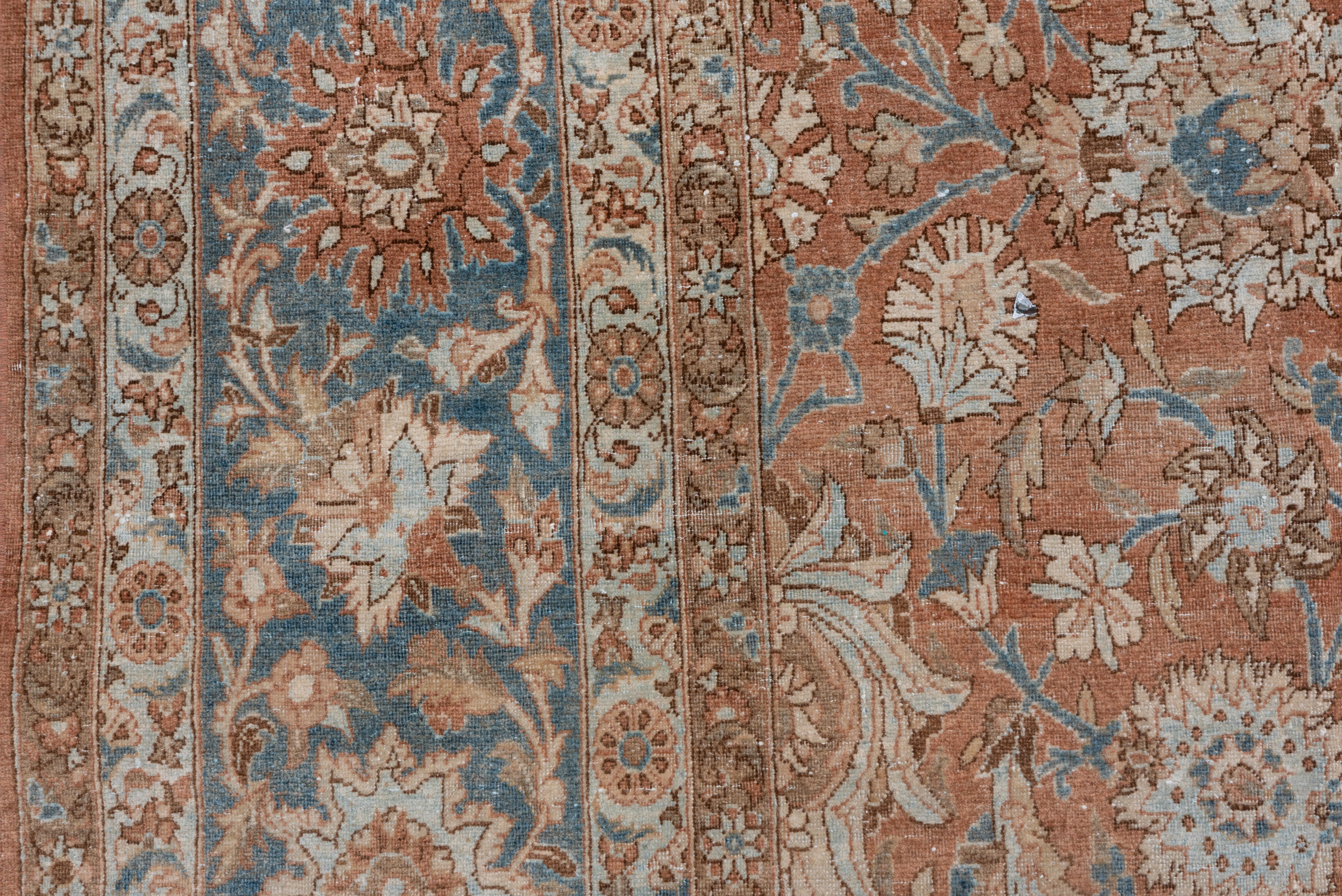 Antique Persian Tabriz Carpet, Rust Field, All-Over Field, Blue Border For Sale 2