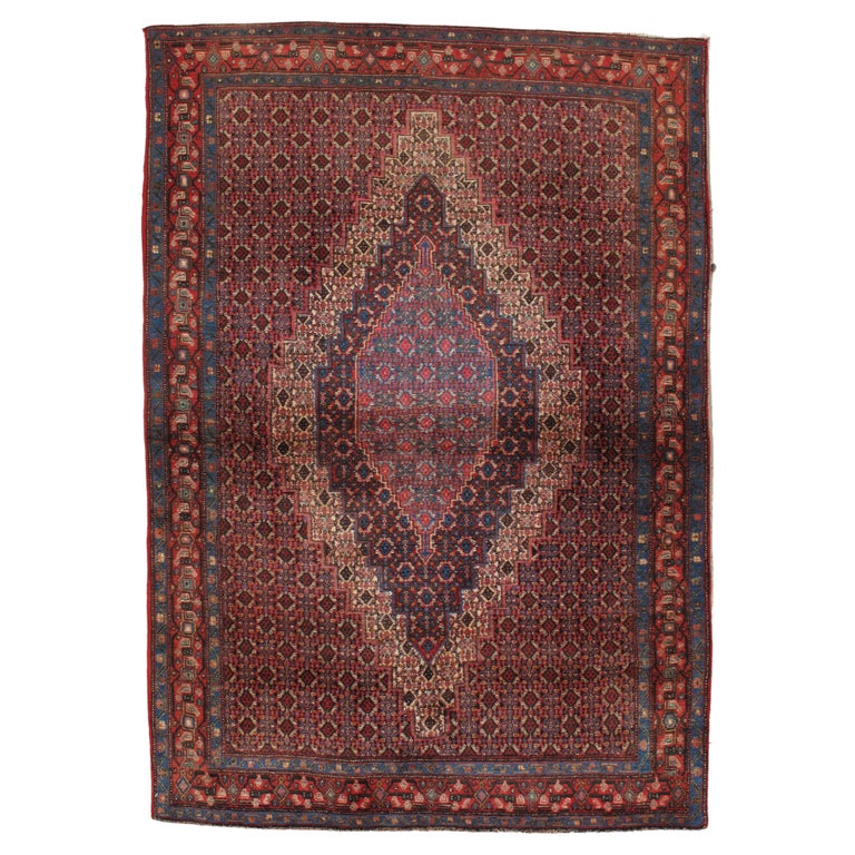 Antique Persian Tabriz Carpet, Wine Red, Ivory, Navy, Handmade Oriental