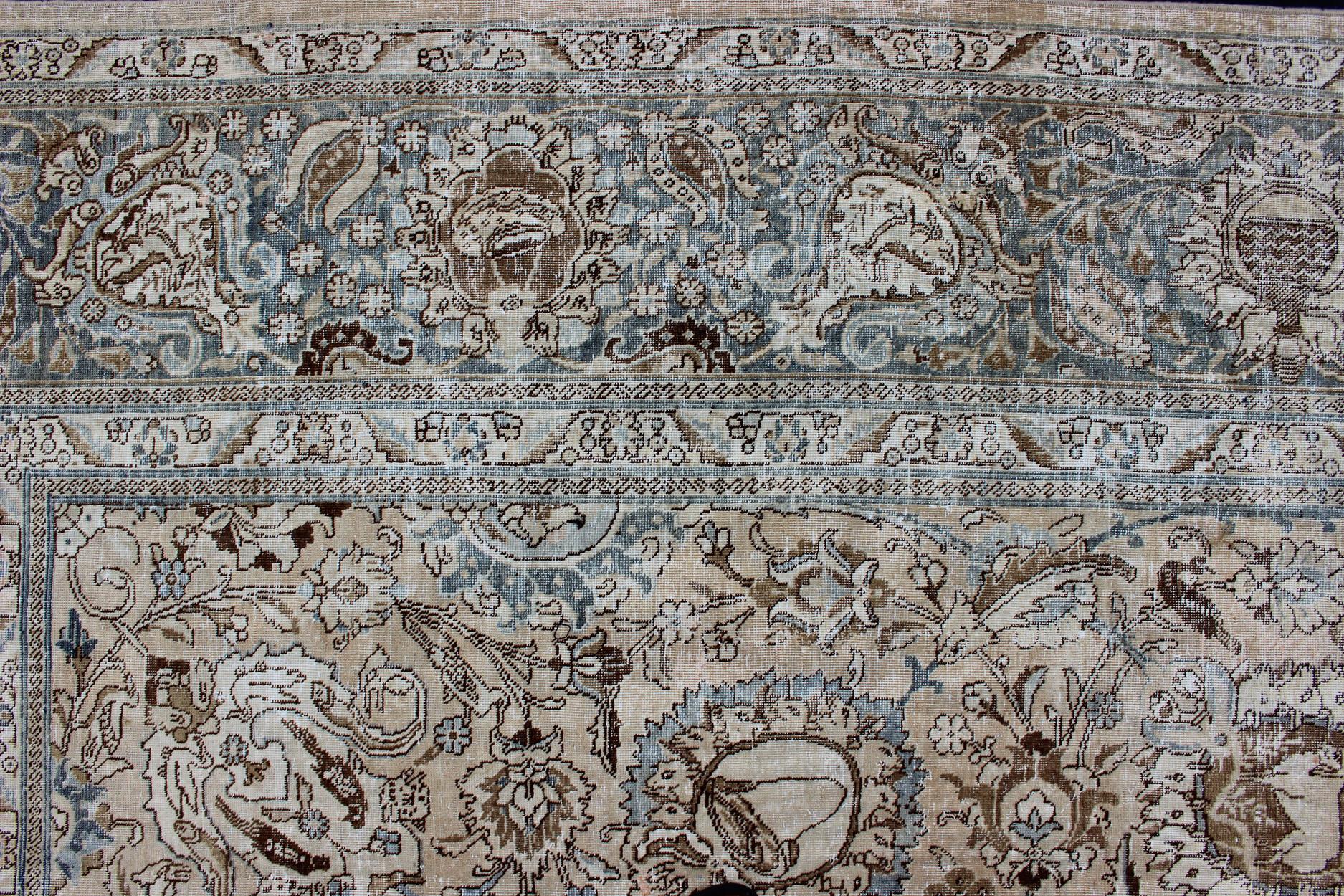 Tapis persan ancien Tabriz All Over Design  in Steal Blue, Tan & Brown Tones en vente 3