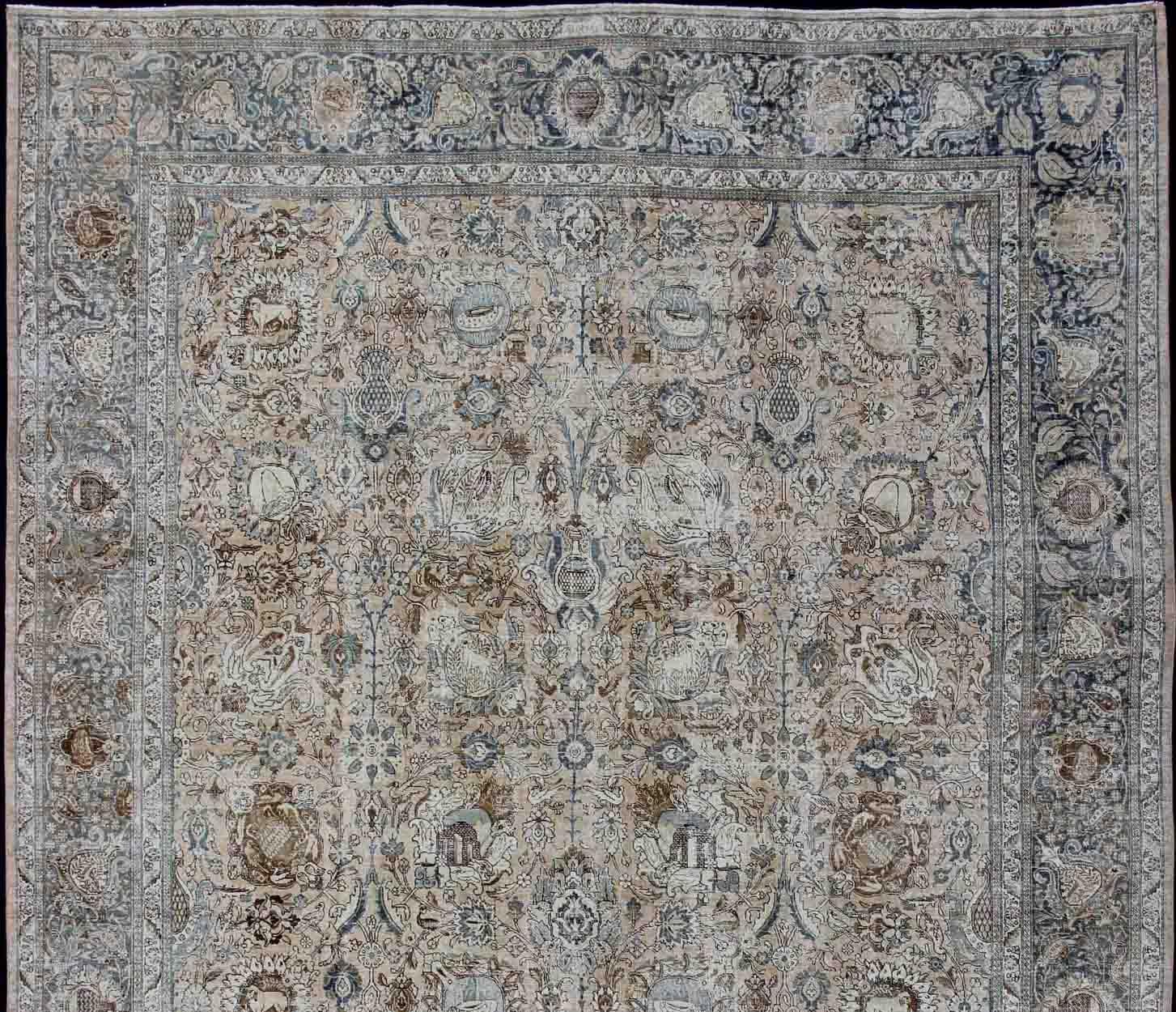 Perse Tapis persan ancien Tabriz All Over Design  in Steal Blue, Tan & Brown Tones en vente