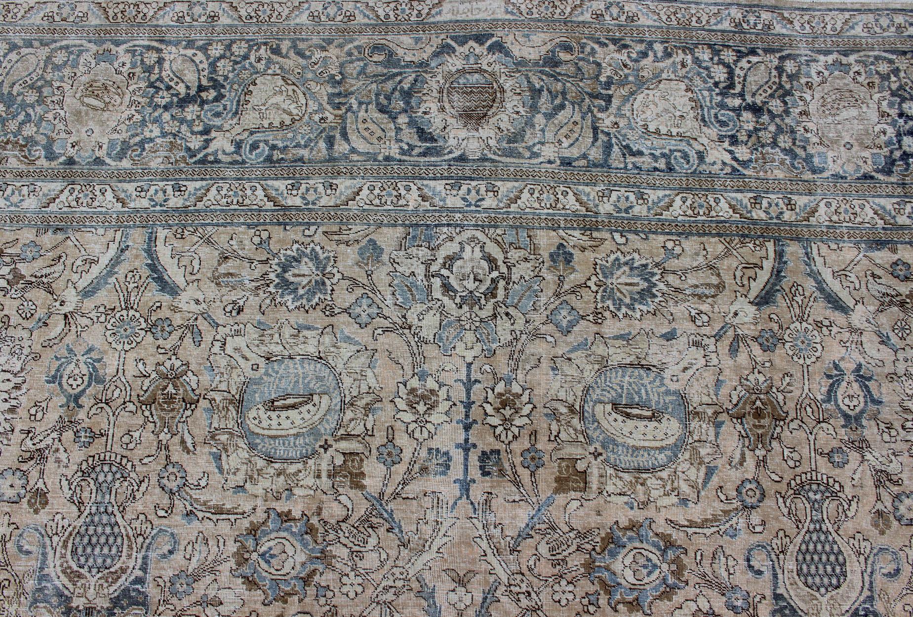Laine Tapis persan ancien Tabriz All Over Design  in Steal Blue, Tan & Brown Tones en vente