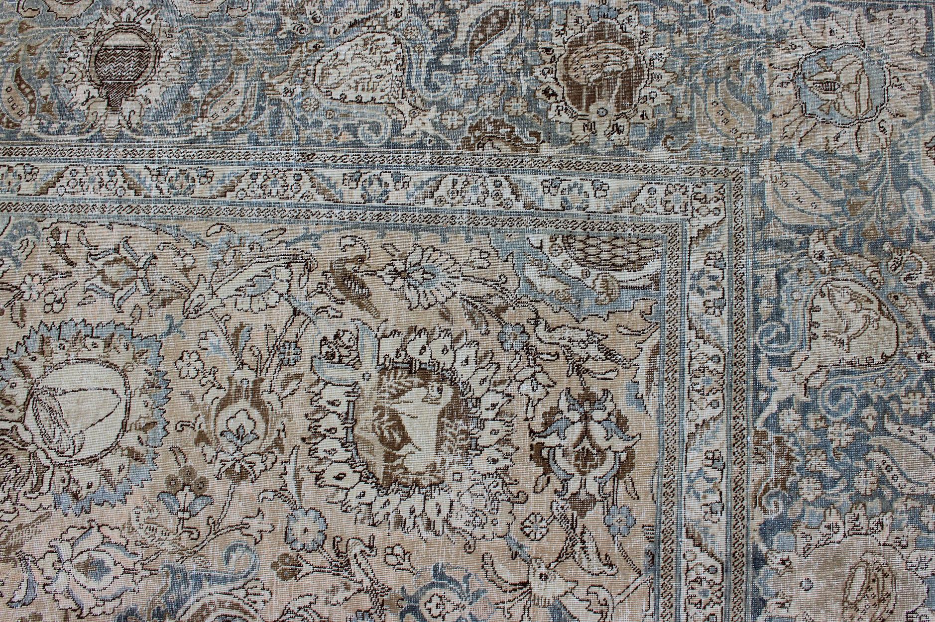 Tapis persan ancien Tabriz All Over Design  in Steal Blue, Tan & Brown Tones en vente 1