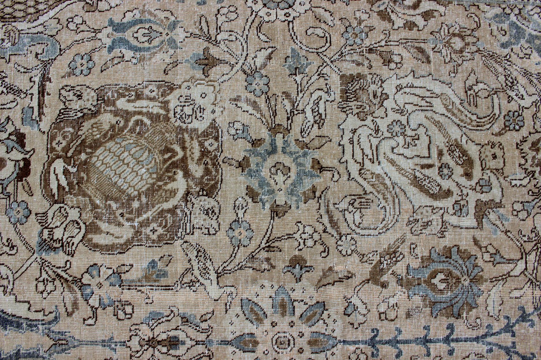 Tapis persan ancien Tabriz All Over Design  in Steal Blue, Tan & Brown Tones en vente 2