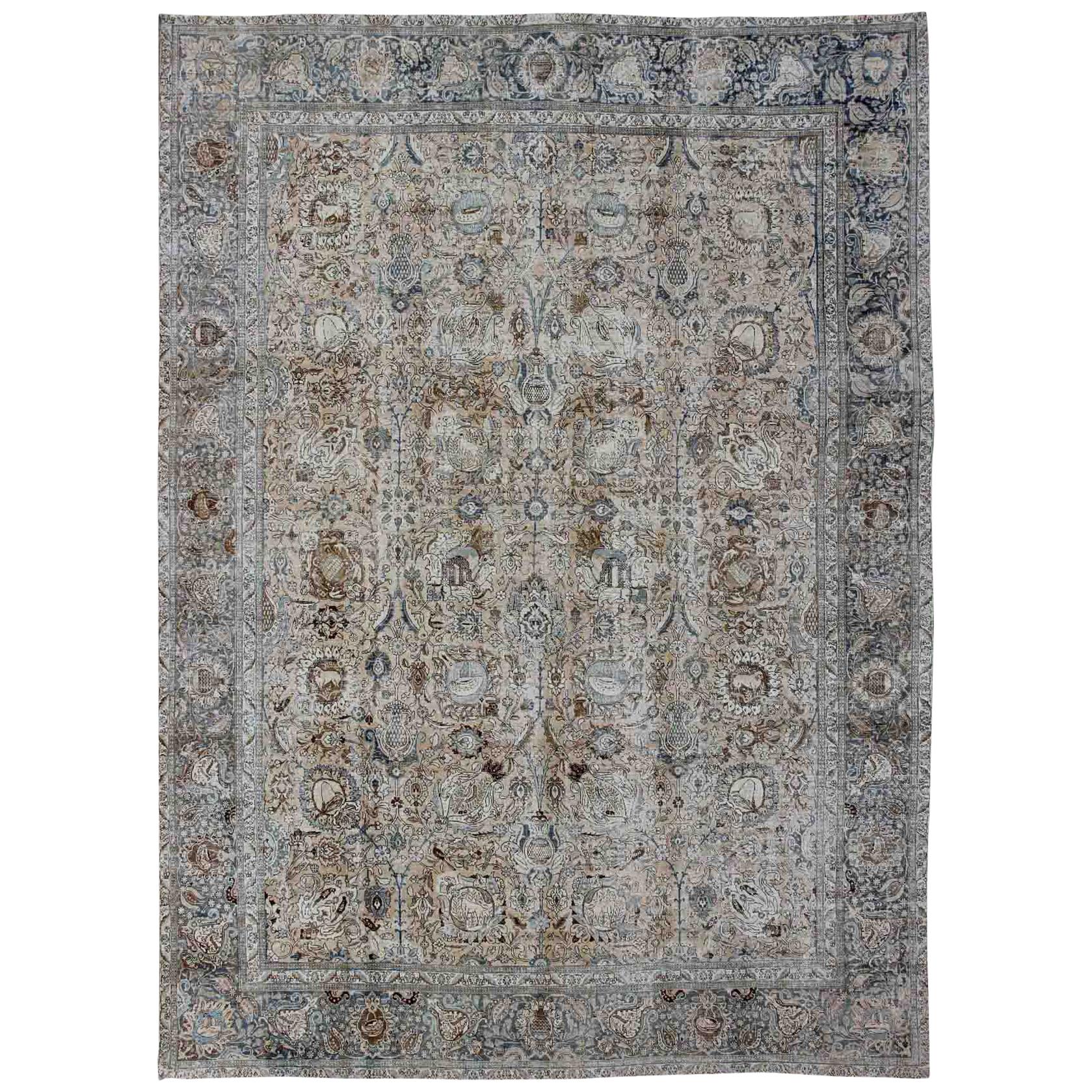 Tapis persan ancien Tabriz All Over Design  in Steal Blue, Tan & Brown Tones en vente