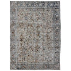 All Over Design Antique Persian Tabriz Carpet  in Steal Blue, Tan & Brown Tones