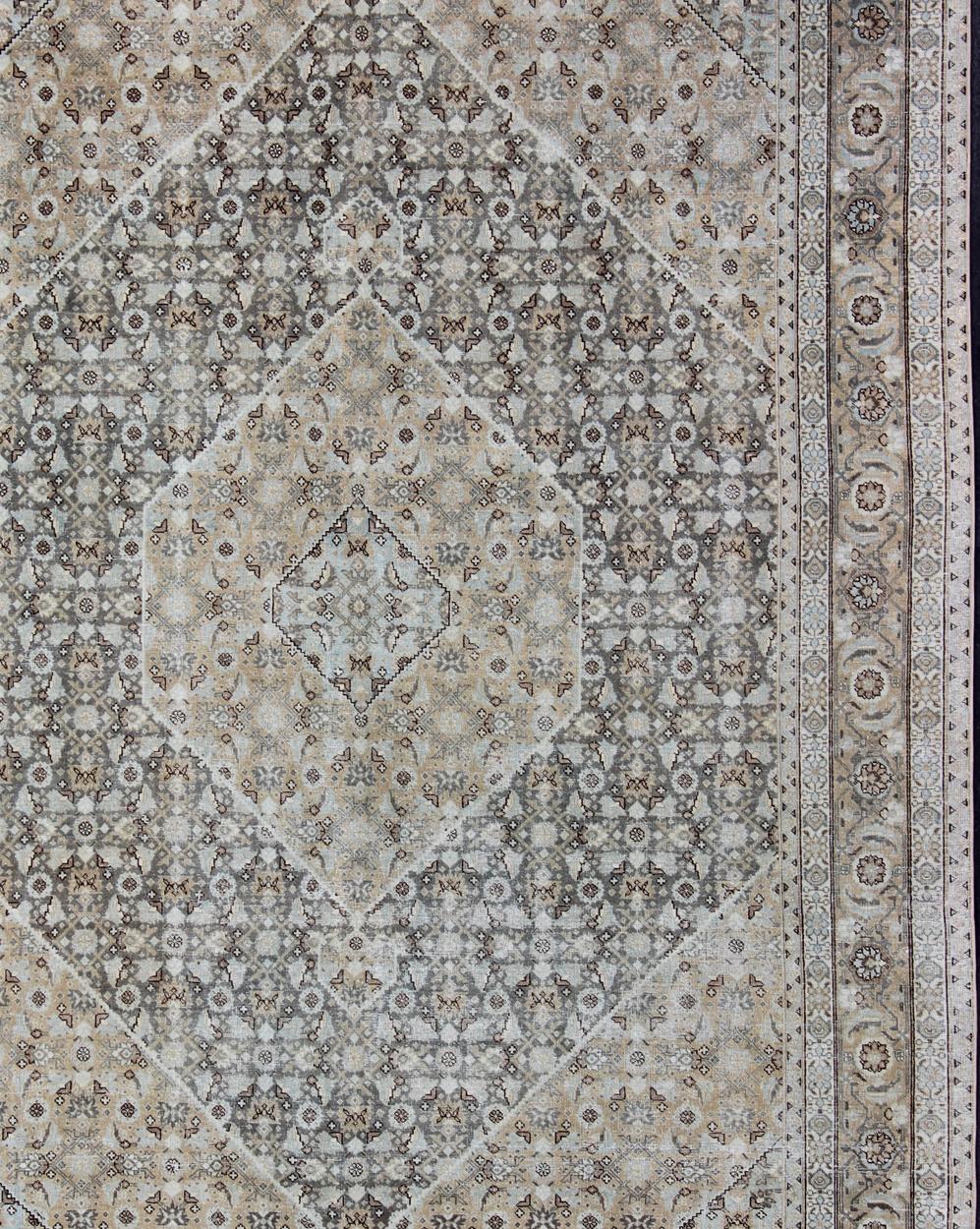 Hand-Knotted Antique Persian Tabriz Carpet with Geometric Diamond Design in Earth Tones For Sale