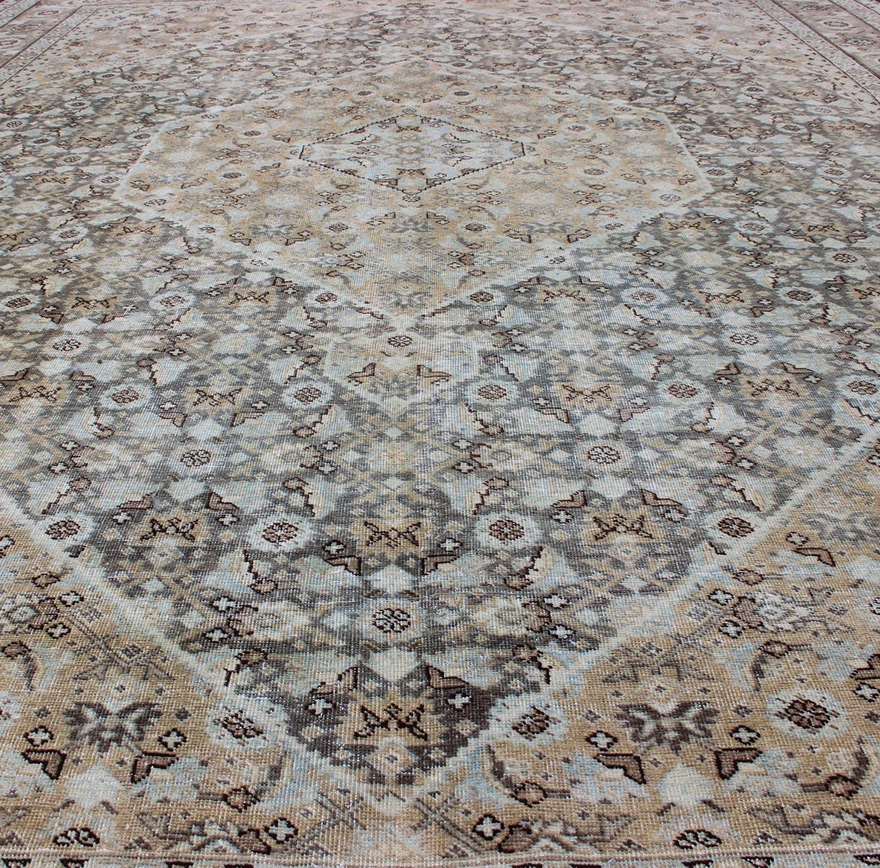 Wool Antique Persian Tabriz Carpet with Geometric Diamond Design in Earth Tones For Sale