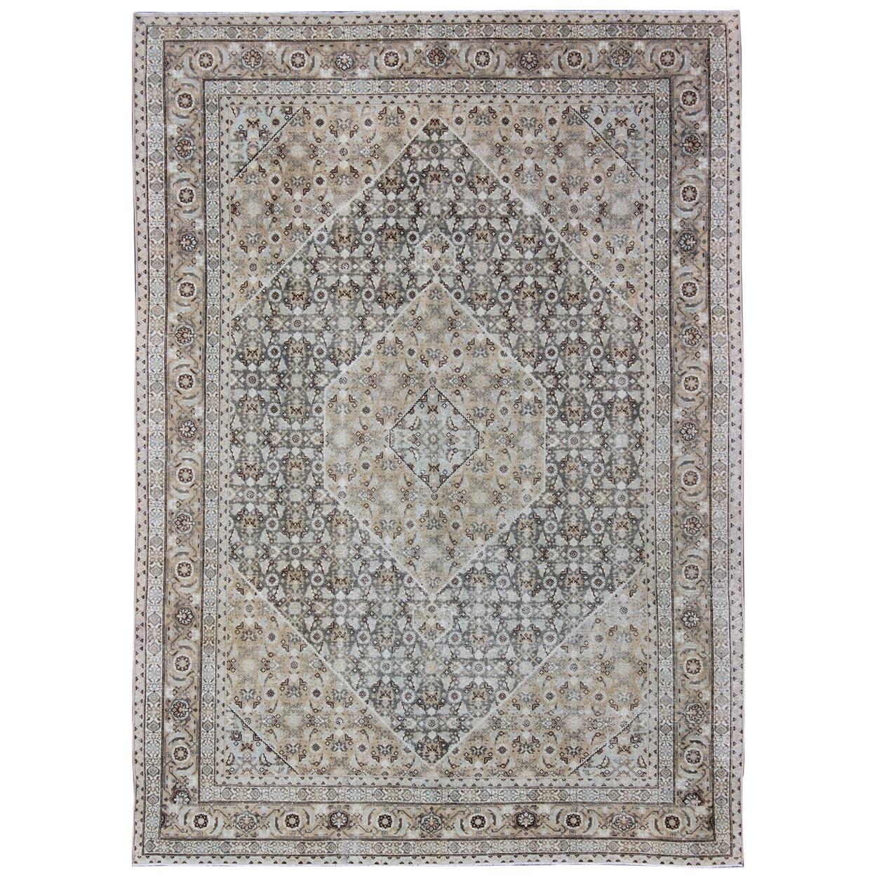 Antique Persian Tabriz Carpet with Geometric Diamond Design in Earth Tones For Sale