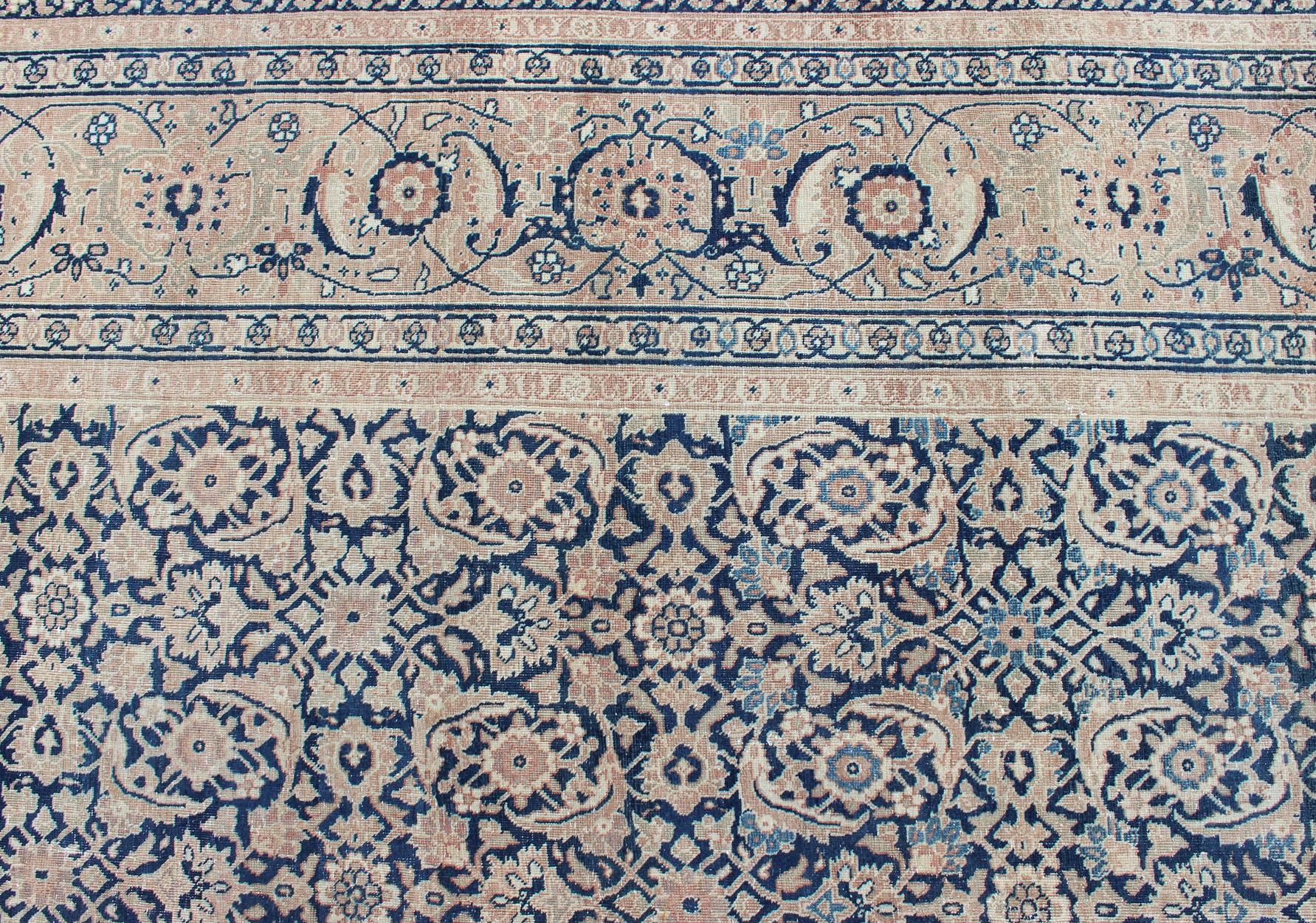 Antique Persian Tabriz Carpet with Geometric Herati Design in Dark Blue Tones For Sale 3