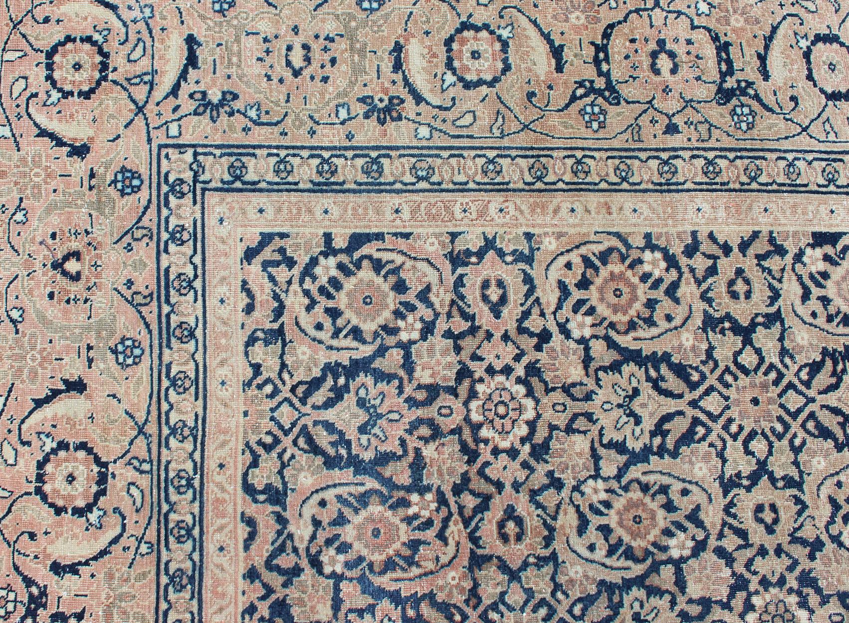 Antique Persian Tabriz Carpet with Geometric Herati Design in Dark Blue Tones For Sale 4