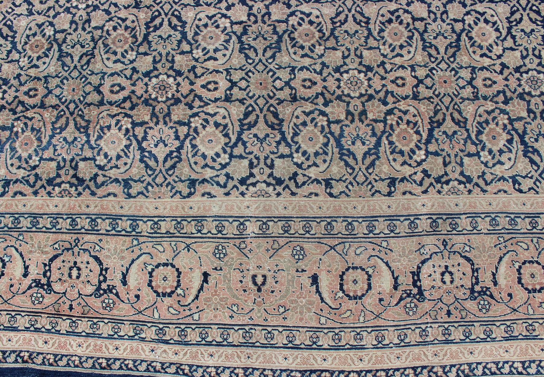 Antique Persian Tabriz Carpet with Geometric Herati Design in Dark Blue Tones For Sale 5