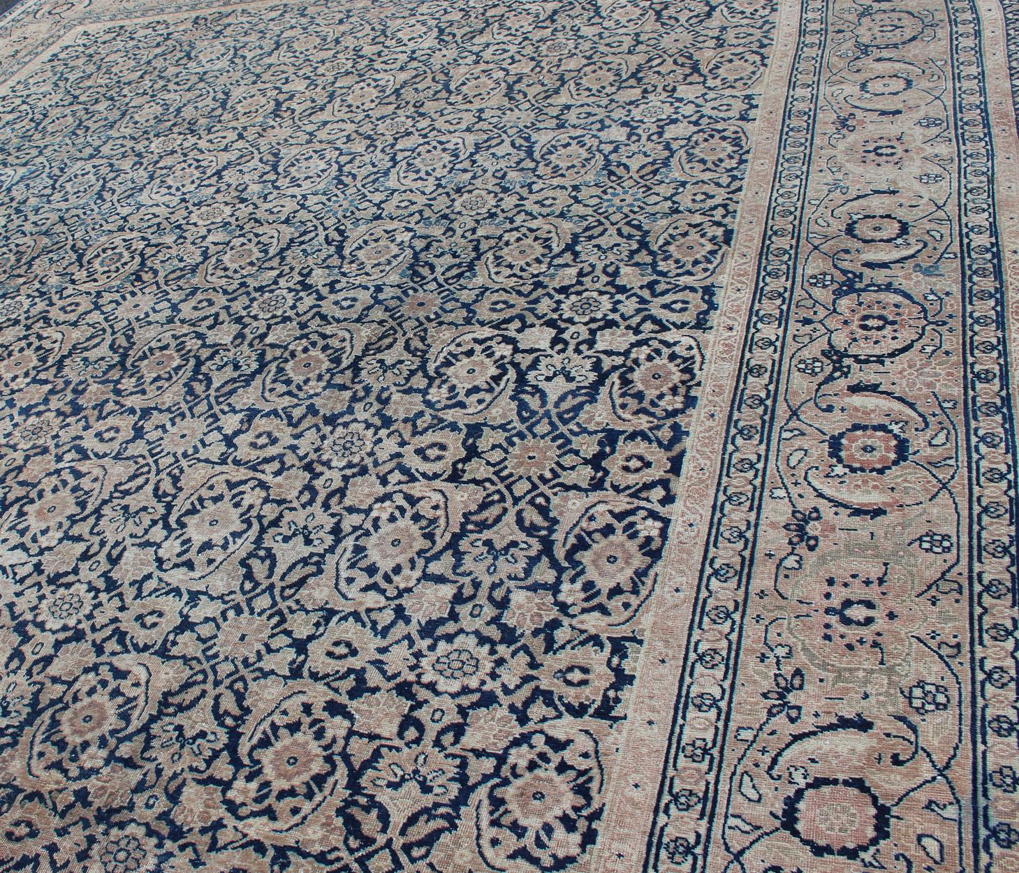 Antique Persian Tabriz Carpet with Geometric Herati Design in Dark Blue Tones For Sale 6