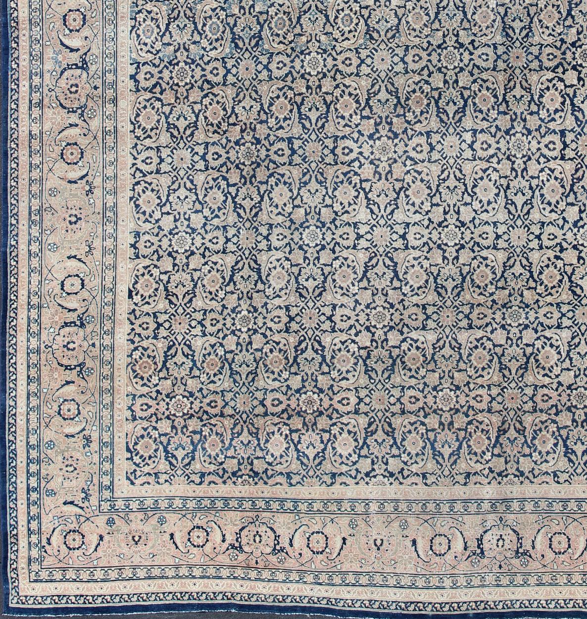 Hand-Knotted Antique Persian Tabriz Carpet with Geometric Herati Design in Dark Blue Tones For Sale