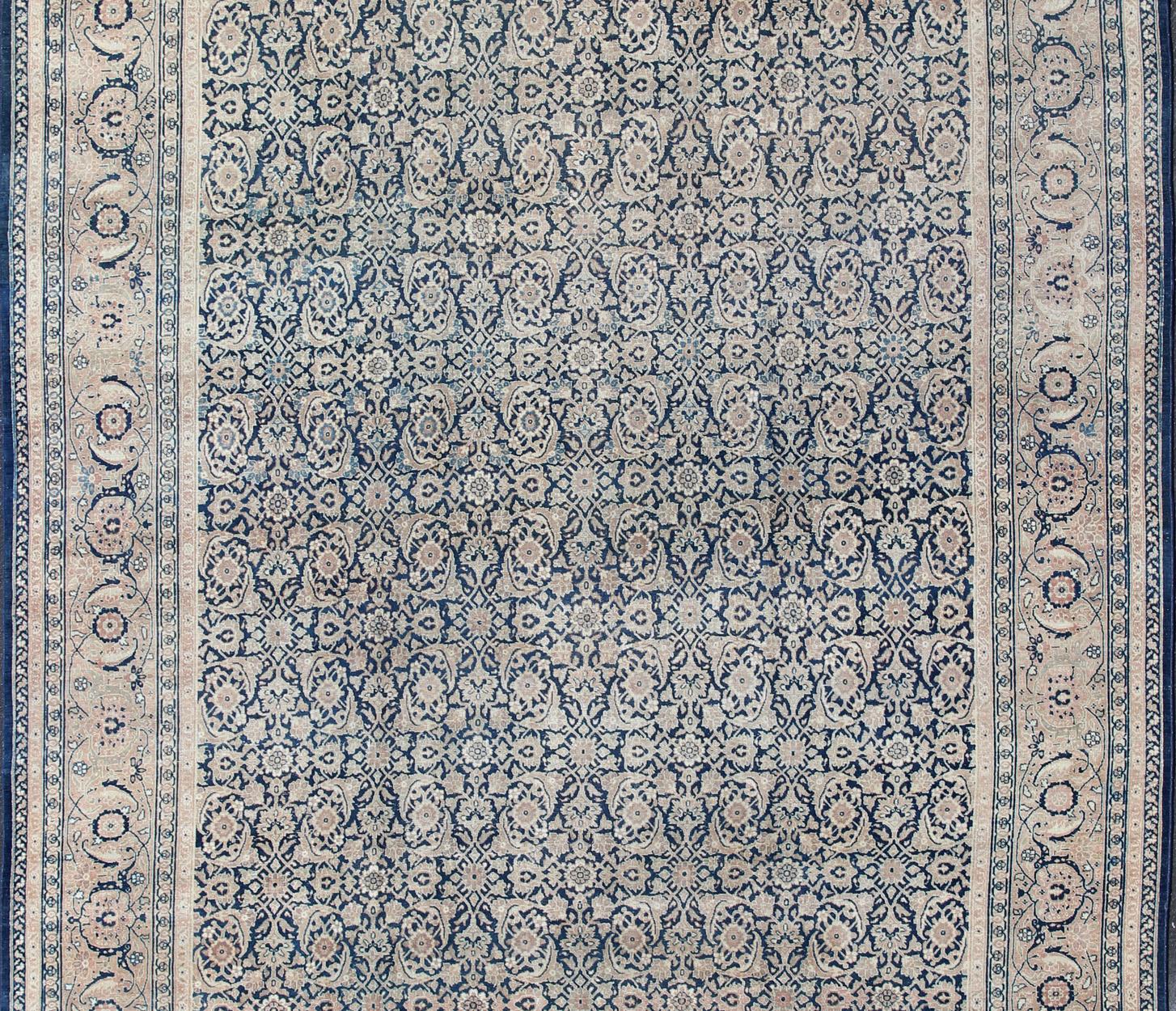 Antique Persian Tabriz Carpet with Geometric Herati Design in Dark Blue Tones In Good Condition For Sale In Atlanta, GA