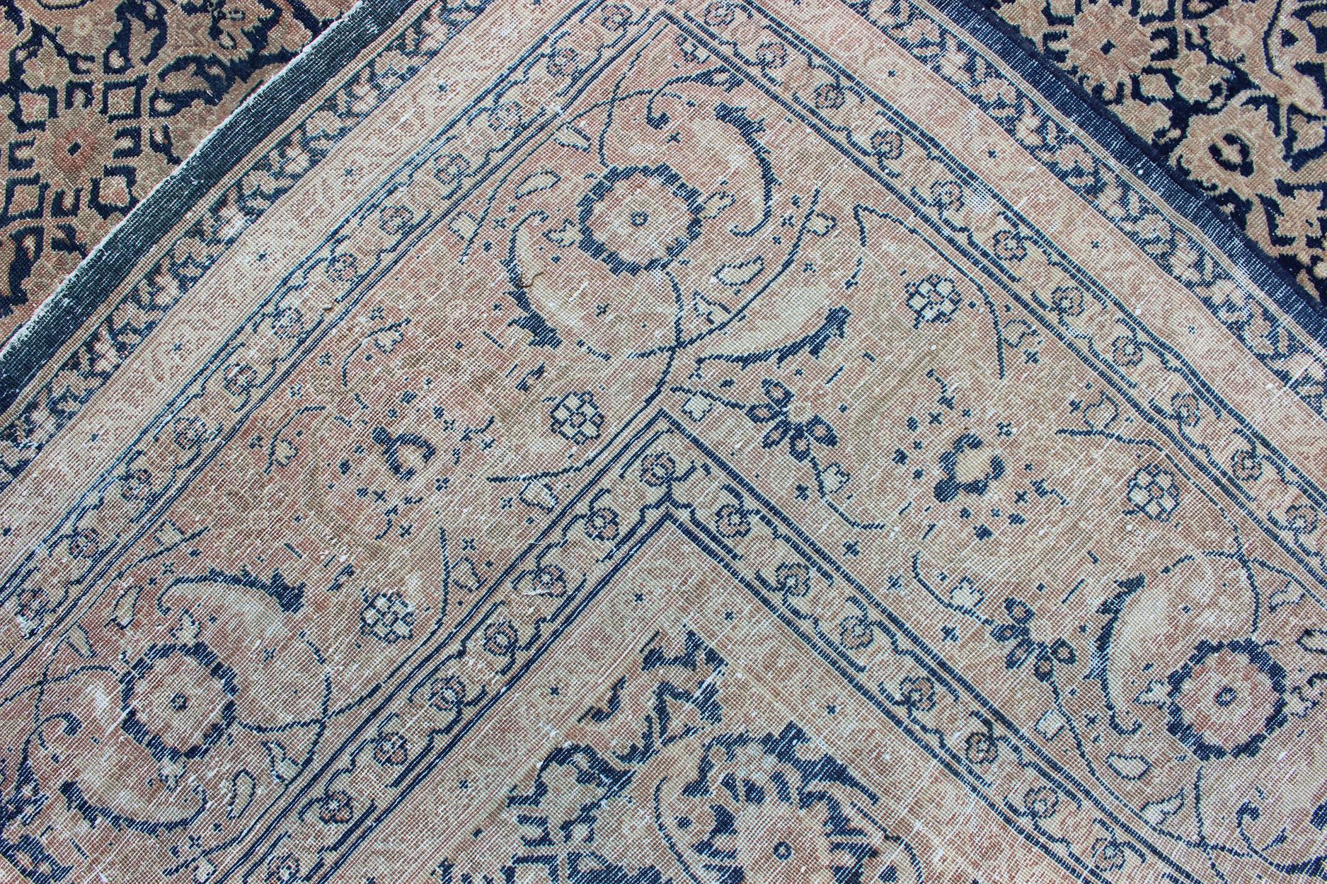Antique Persian Tabriz Carpet with Geometric Herati Design in Dark Blue Tones For Sale 8