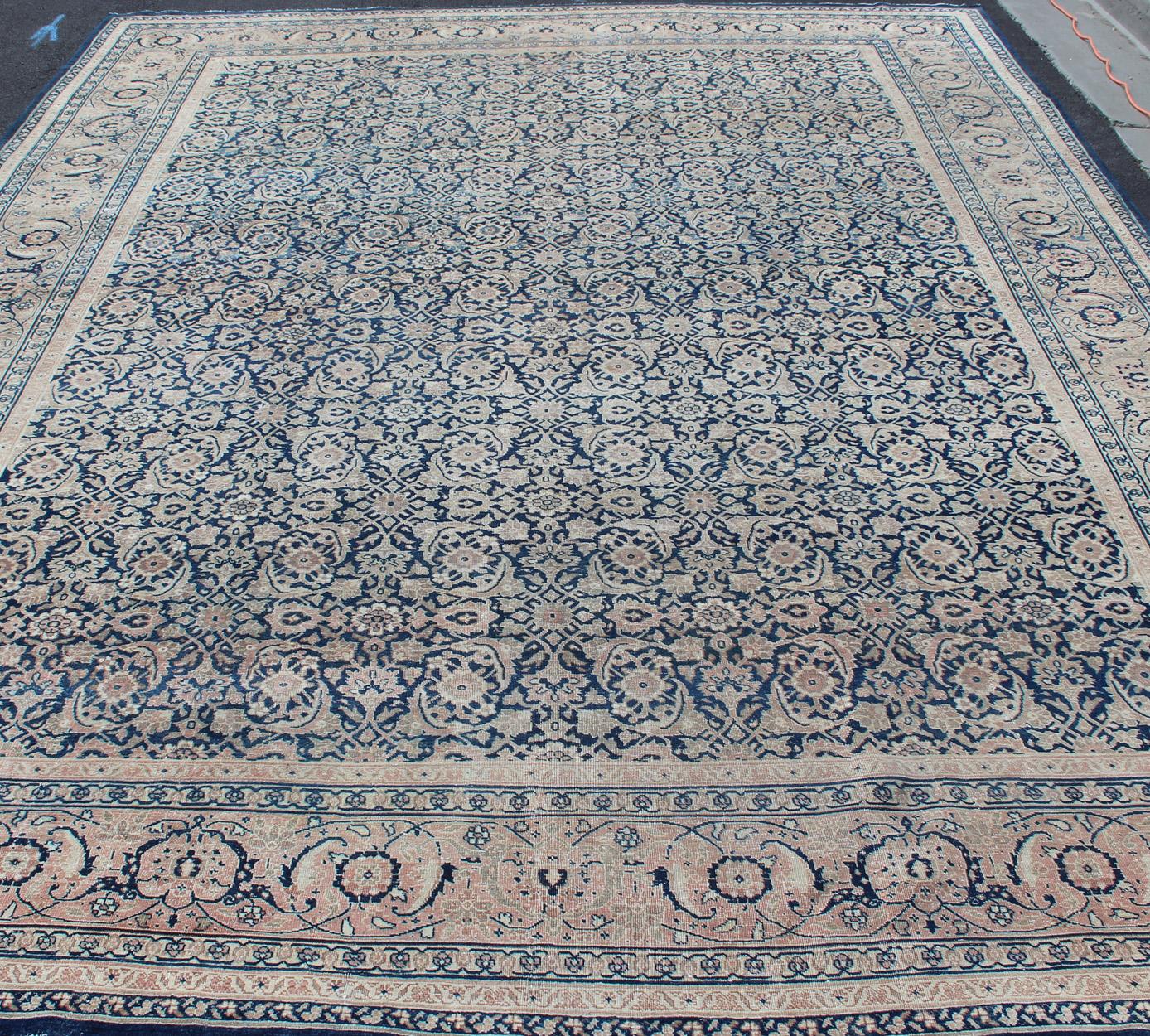 Early 20th Century Antique Persian Tabriz Carpet with Geometric Herati Design in Dark Blue Tones For Sale