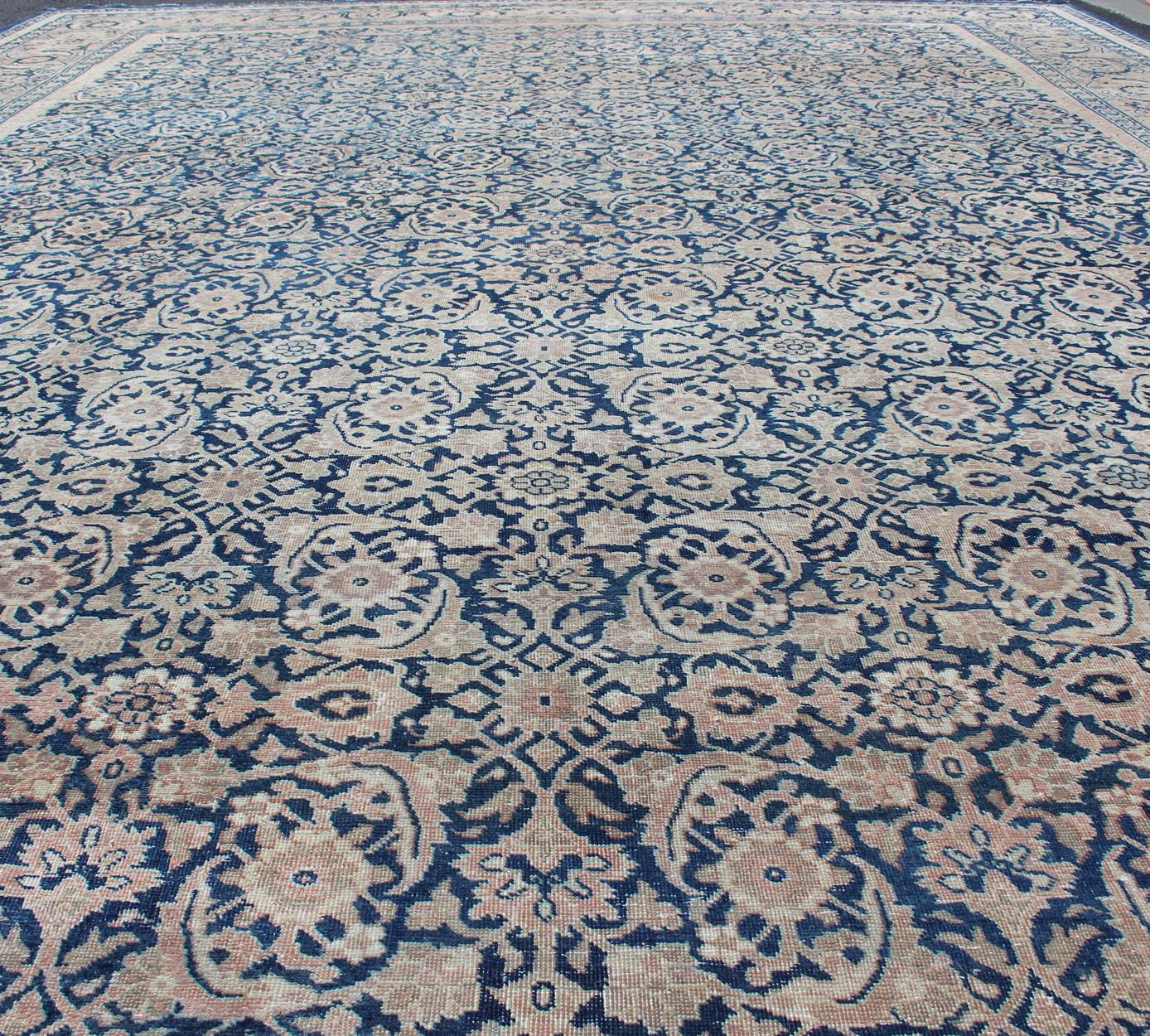 Wool Antique Persian Tabriz Carpet with Geometric Herati Design in Dark Blue Tones For Sale