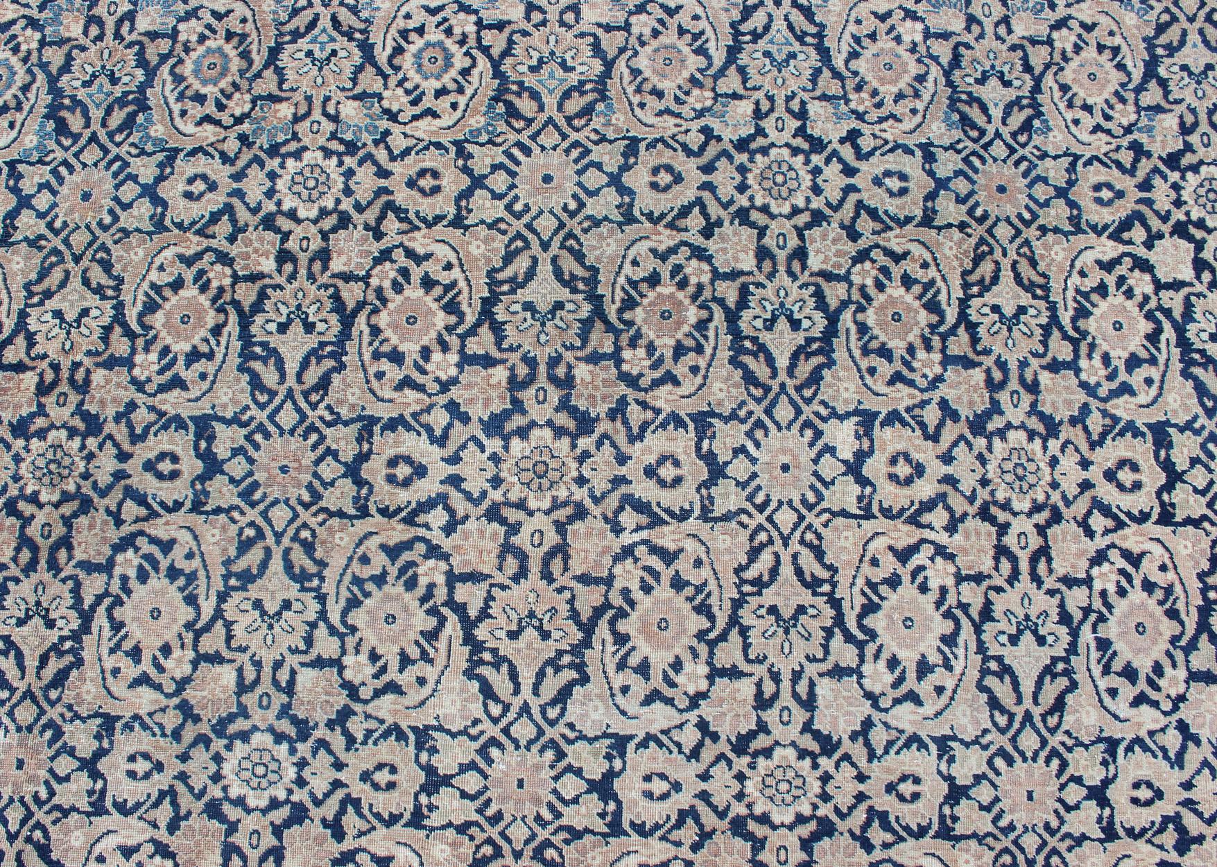 Antique Persian Tabriz Carpet with Geometric Herati Design in Dark Blue Tones For Sale 1