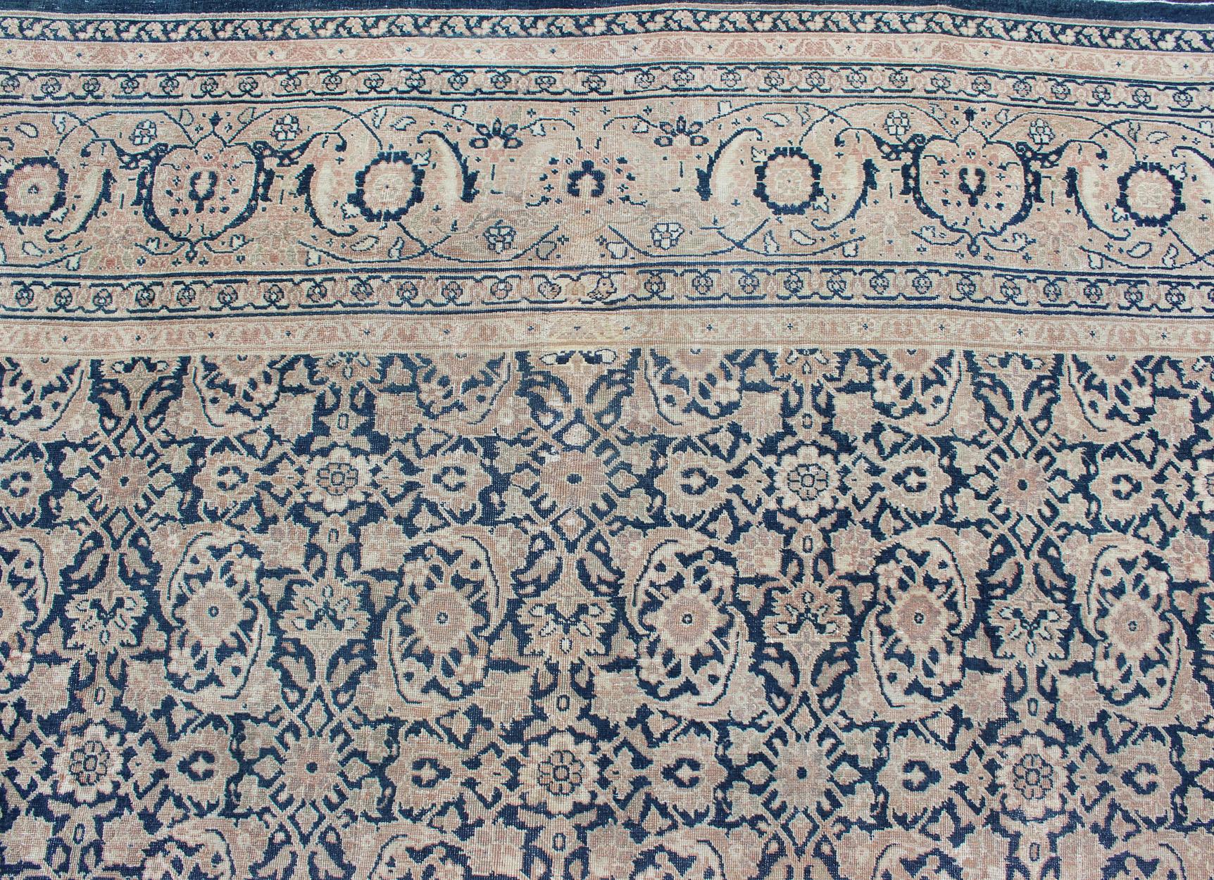 Antique Persian Tabriz Carpet with Geometric Herati Design in Dark Blue Tones For Sale 2