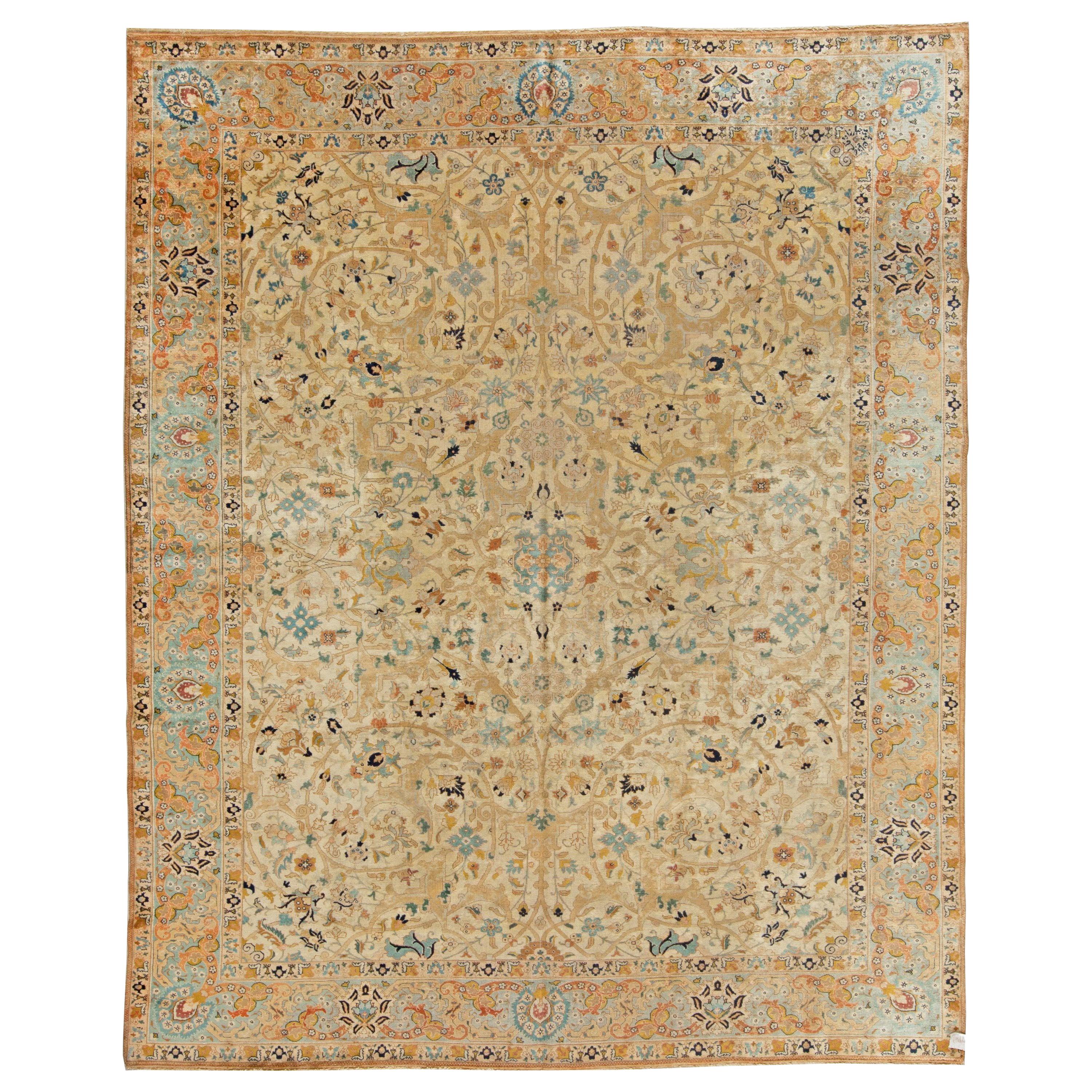 Antique Persian Tabriz Botanic Handwoven Wool Rug For Sale