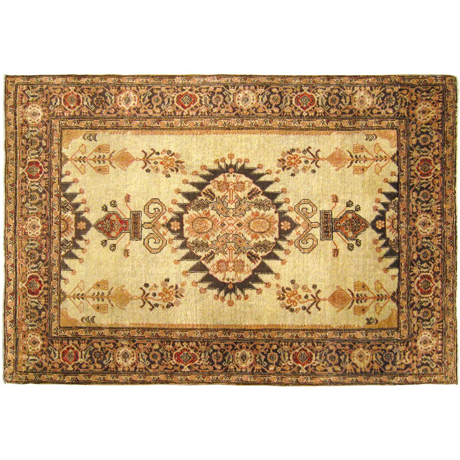 Antique Persian Tabriz Decorative Oriental Rug, in Small Size, Soft Earth Tones