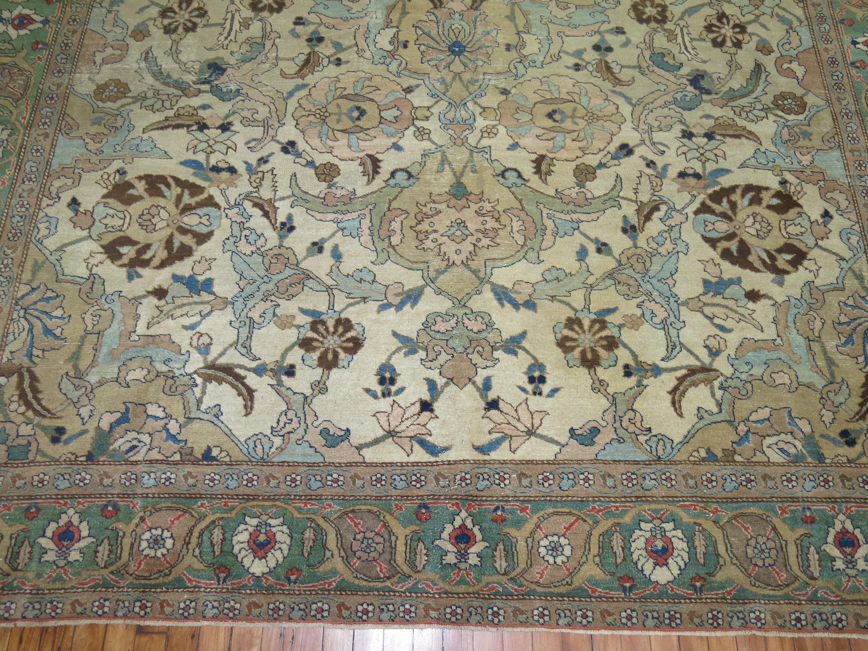 Hand-Woven Antique Persian Tabriz Decorative Room Size Rug For Sale