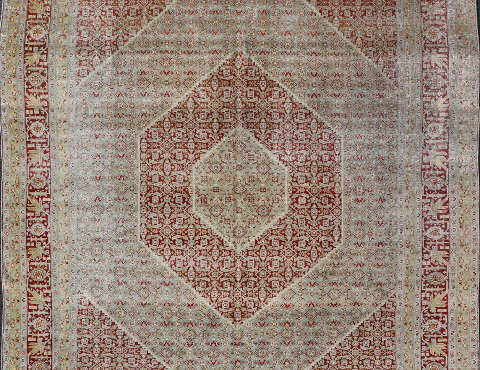 Antique Persian Tabriz Distressed Carpet with Geometric Diamond Design For Sale 5