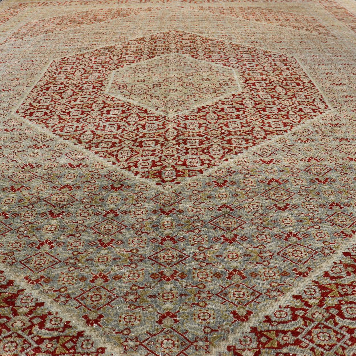 Antique Persian Tabriz Distressed Carpet with Geometric Diamond Design For Sale 1