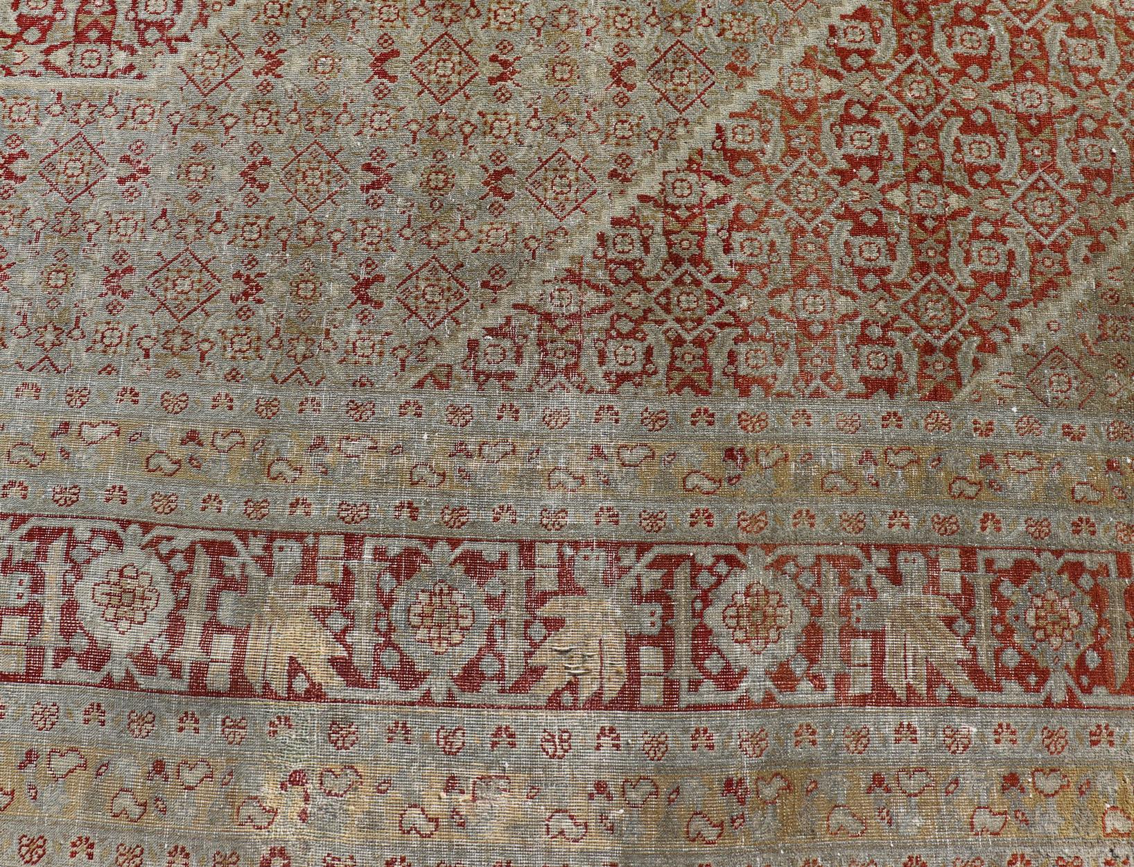 Antique Persian Tabriz Distressed Carpet with Geometric Diamond Design For Sale 2
