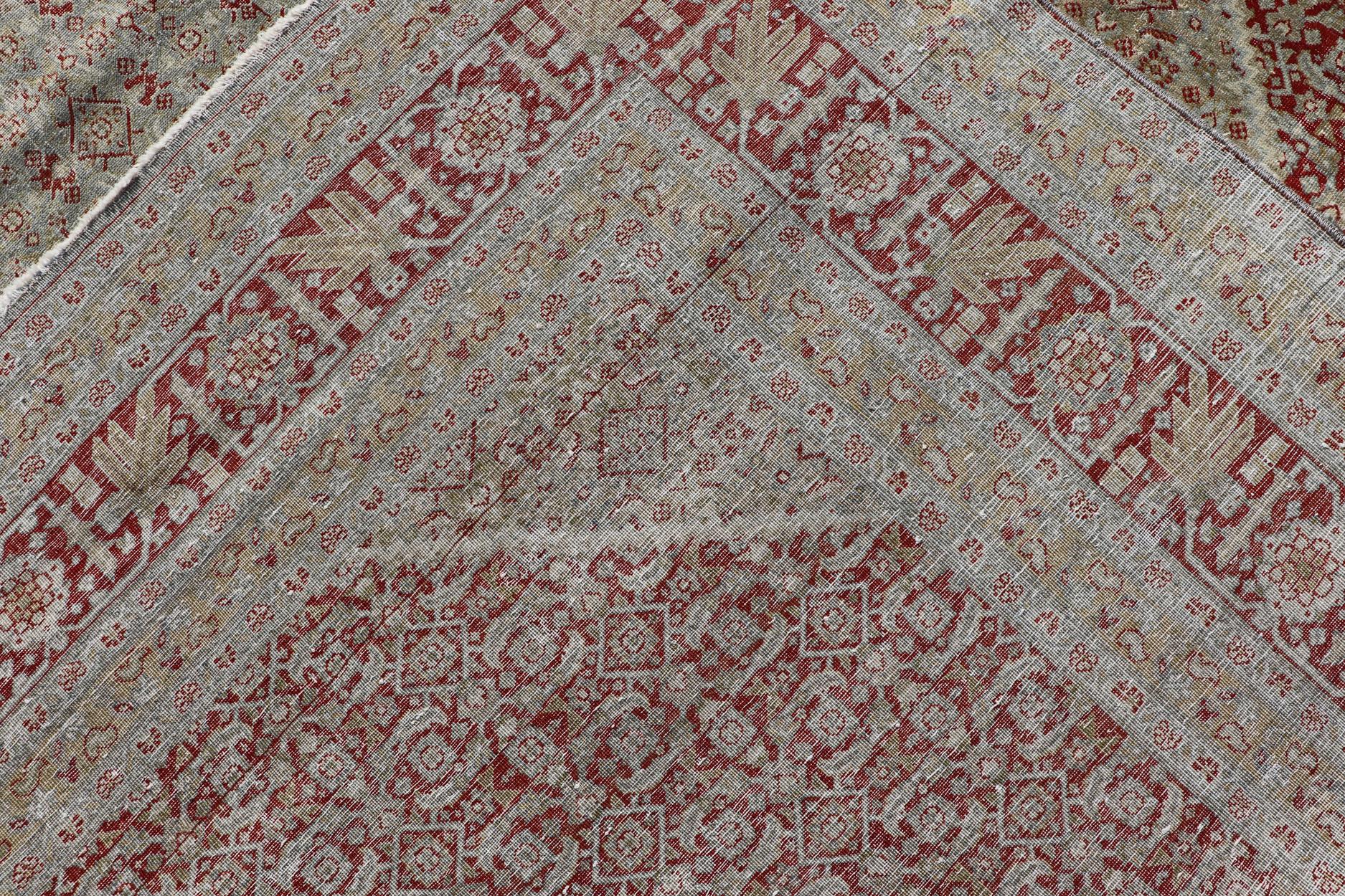 Antique Persian Tabriz Distressed Carpet with Geometric Diamond Design For Sale 3